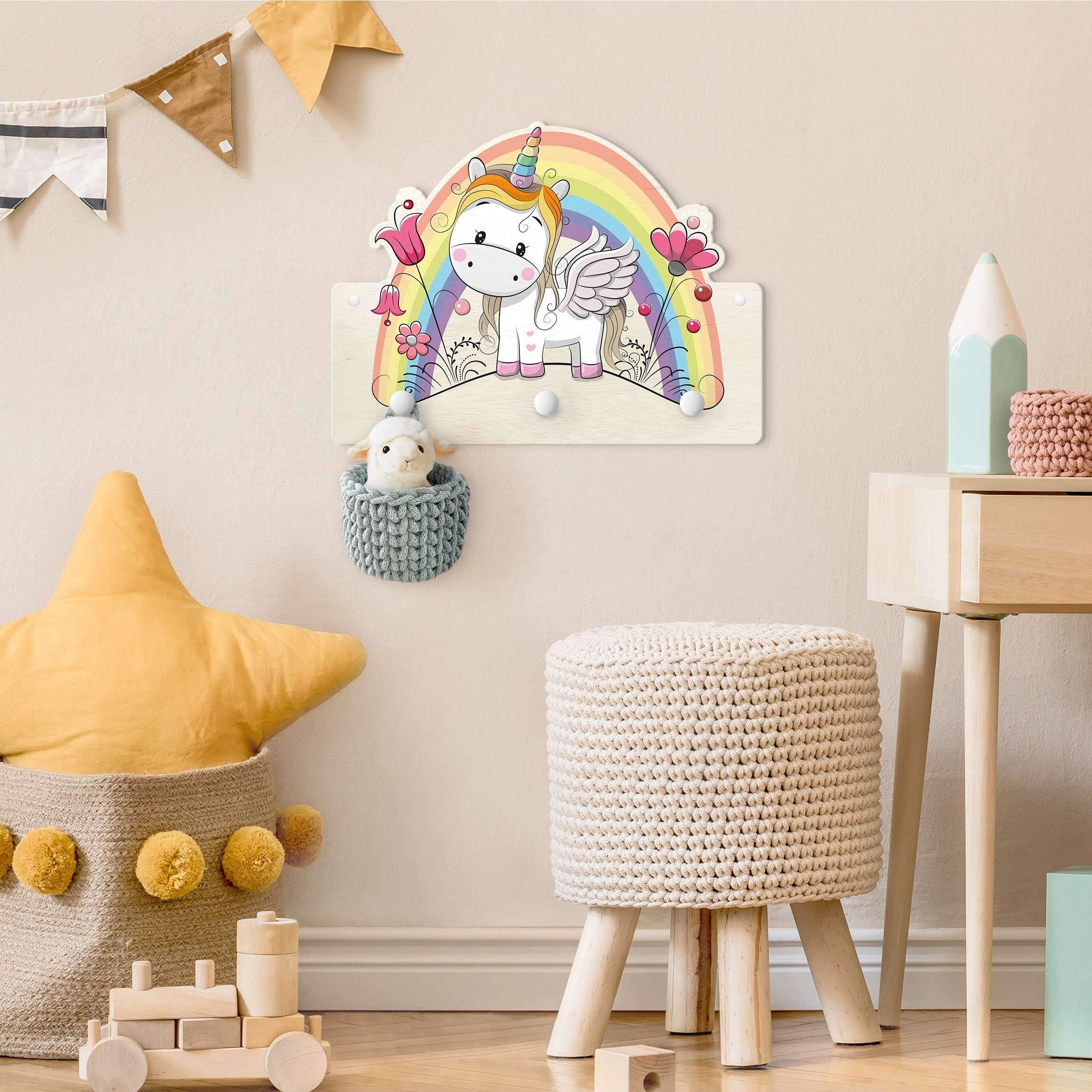 Bilderdepot24 Garderobenpaneel pastell Tiere Regenbogen Einhorn (Kindergarderobe holz Kleiderhaken für die Wand inkl. Montagematerial), moderne Wand Garderobenleiste Flur - kleine Hakenleiste Kinderzimmer