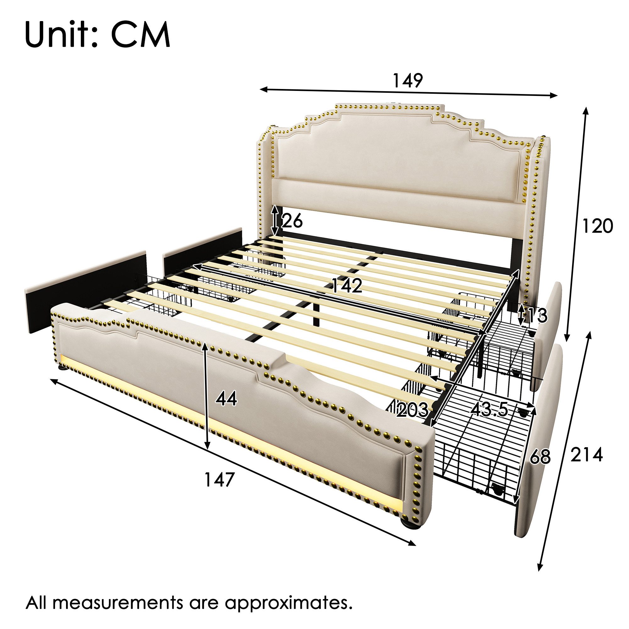 Celya Polsterbett Doppelbett mit 4 Schubladen, LED-Beleuchtung und USB-C-La günstig online kaufen