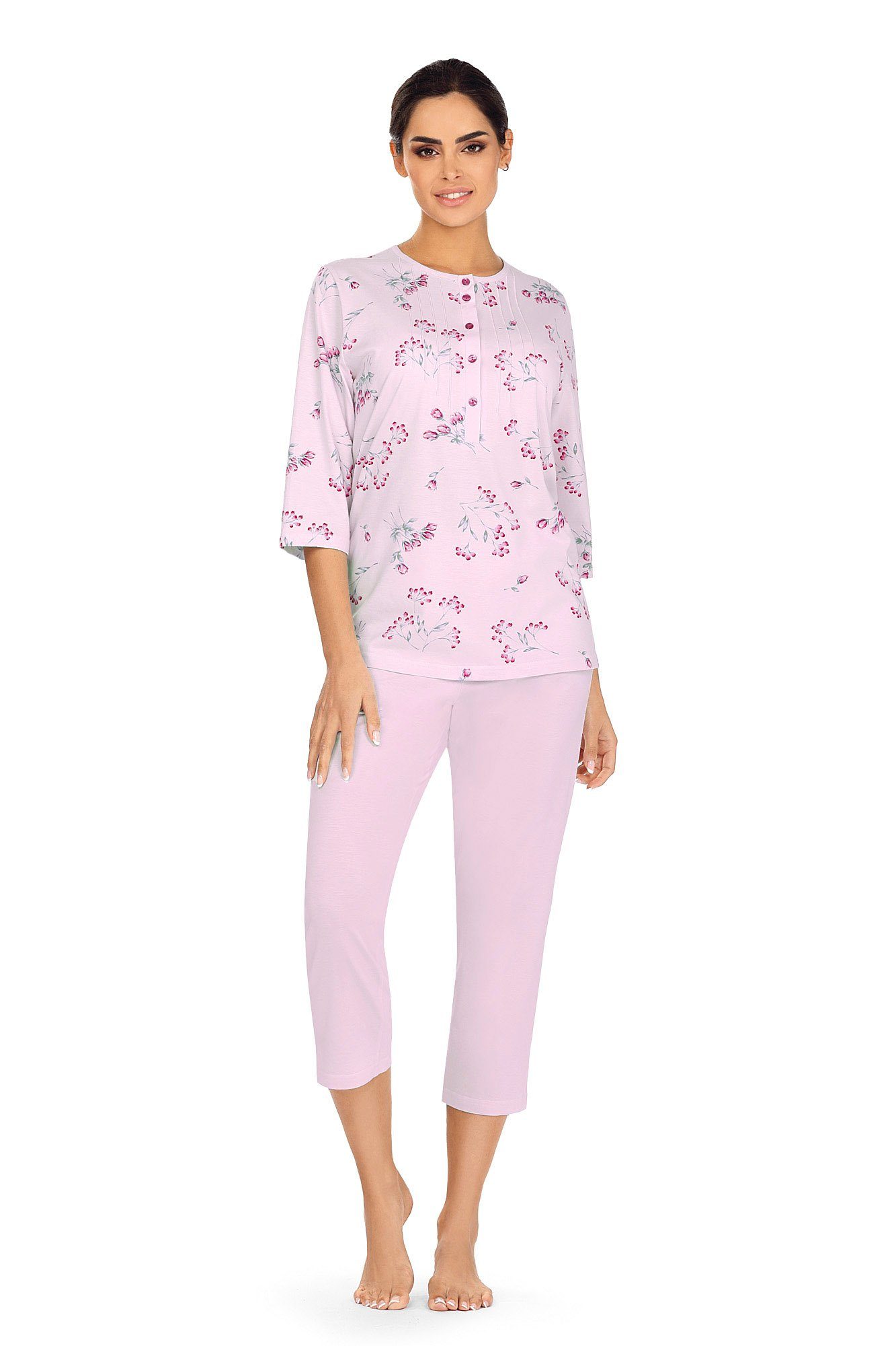 comtessa Schlafanzug (Set, 2 tlg., Set) Damen Schlafanzug 2-teilig Pyjama Knopfleiste Baumwolle Blumenoptik rose