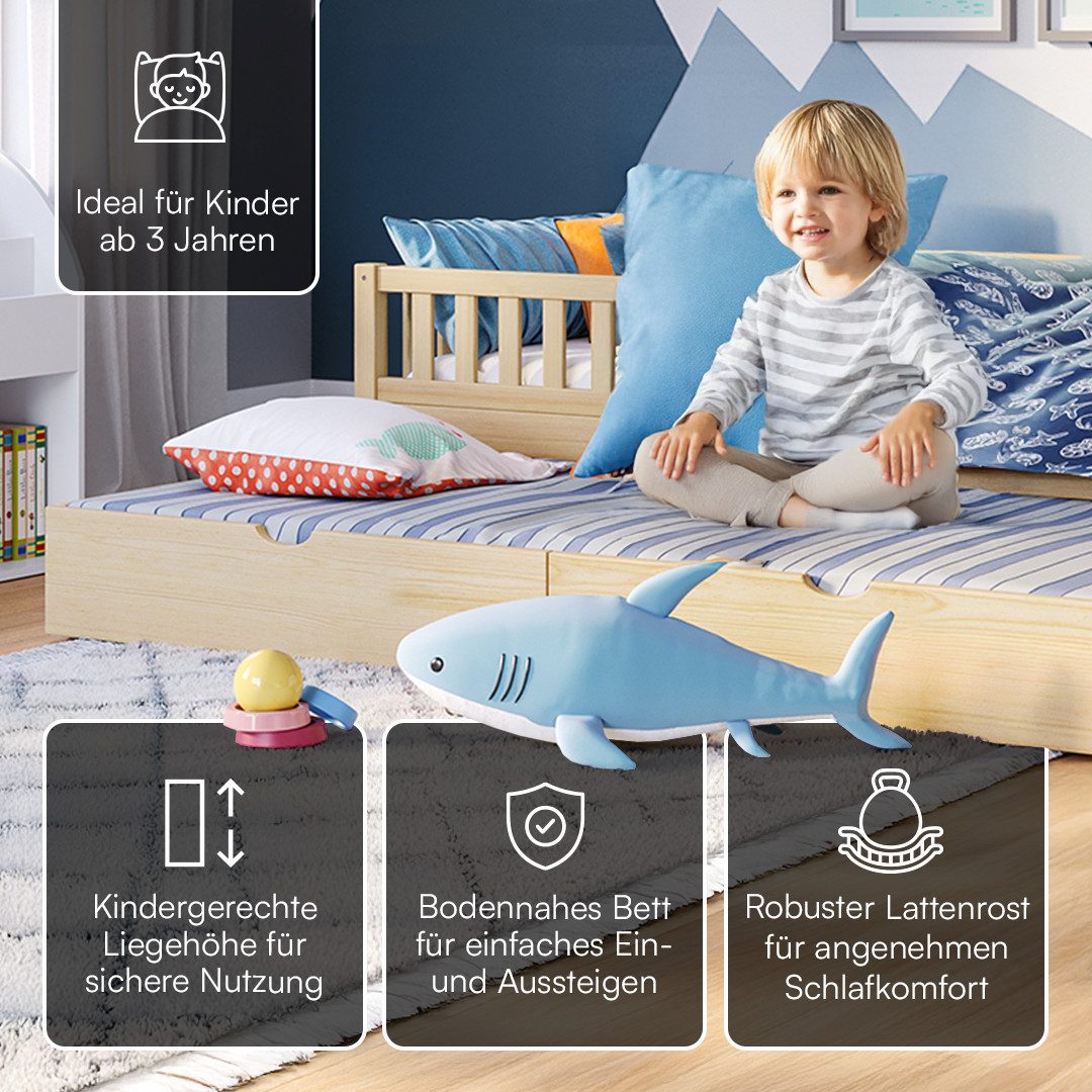 Bellabino Kinderbett Vils 90x200 cm mit Rausfallschutz, Lattenrost, Kiefer Massivholz (natur, inkl. Gästebett 90x190, optional mit Matratze) – Bild 3 von 5