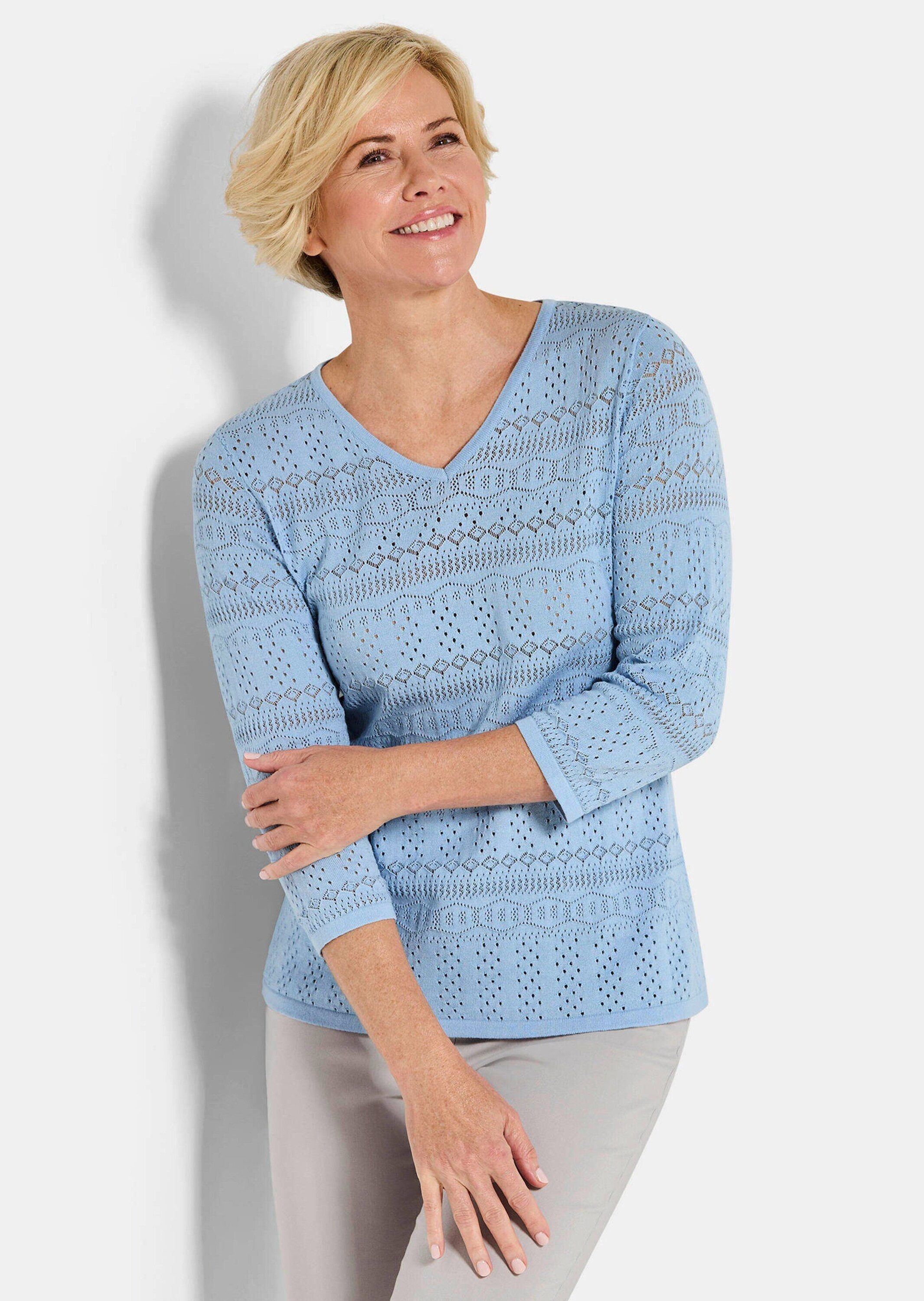 GOLDNER Strickpullover Kurzgröße: Sommerpullover mit V-Ausschnitt Baumwollpullover mit Ajourmuster, V-Ausschnitt und 3/4-Ärmeln
