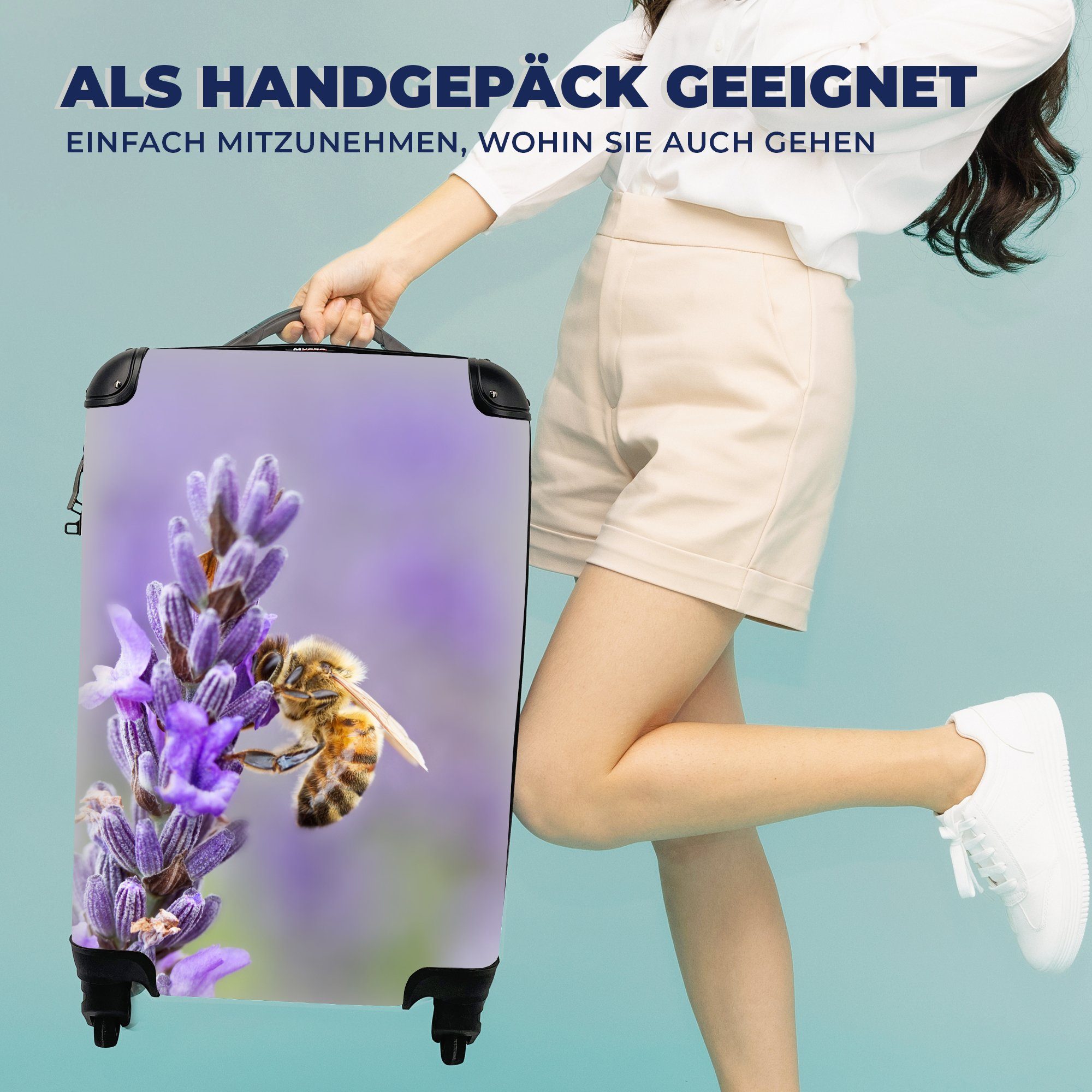 Reisetasche Reisekoffer Ferien, Handgepäck Trolley, Handgepäckkoffer mit Lavendel, für rollen, Biene auf 4 MuchoWow Rollen,
