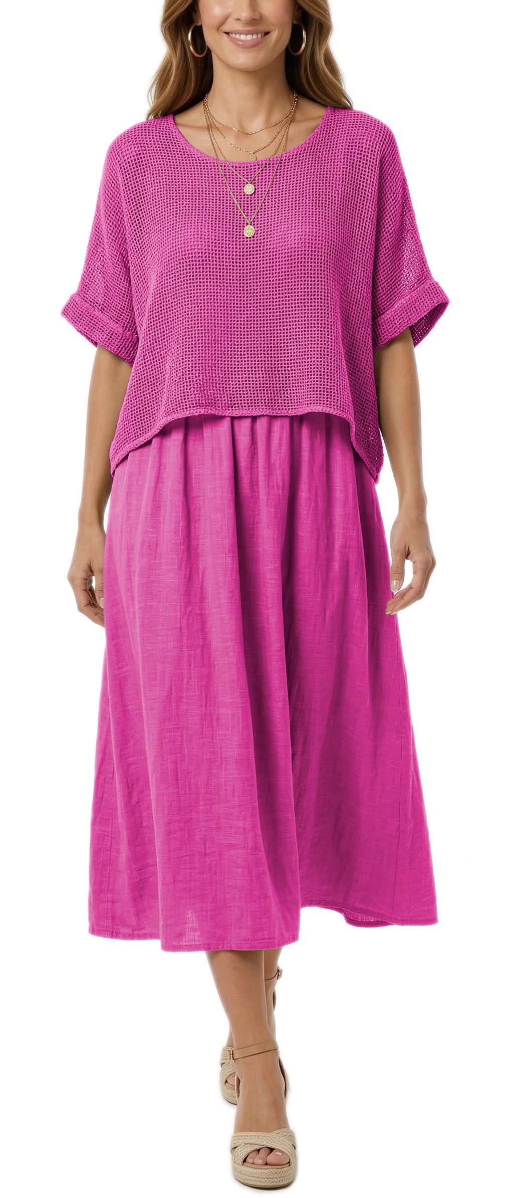 dy_mode Sommerkleid Damen Sommerkleid Midikleid in Zweiteiler-Optik Lagenlook Kleid in Unifarben, Zweiteiler-Optik