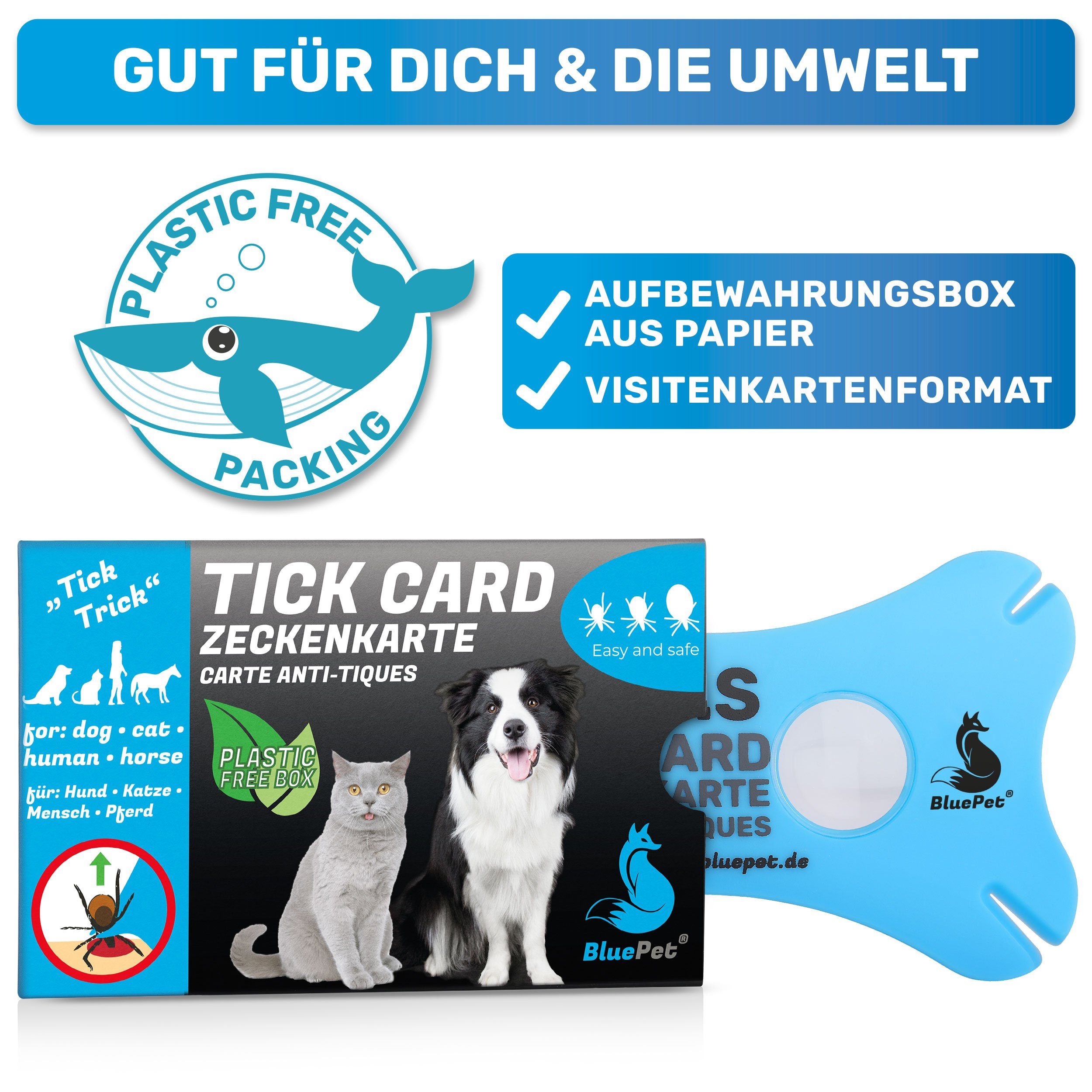 BluePet Zeckenpinzette Zeckenkarte mit für Lupe und Zeckenentfernung Menschen Tiere Scheckkartenformat, im
