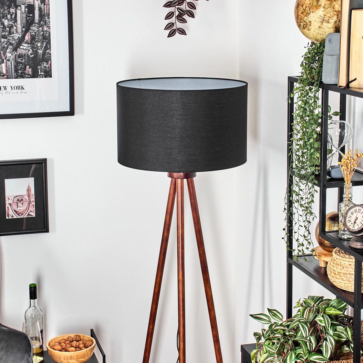 hofstein Stehlampe Stehlampe aus Holz/Stoff in Dunkelbraun/Schwarz/Weiß, ohne Leuchtmittel, skandinavische Design Leuchte, Schirm (40 cm) u. Fußschalter, 1x E27