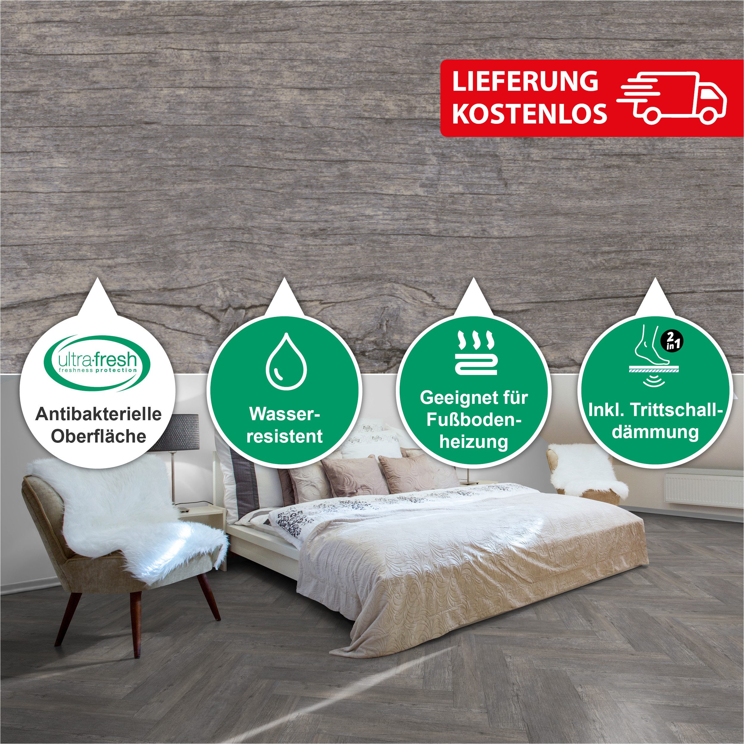 SLY Designboden Premium-Klick-Vinylboden inkl. Tritschalldämmung Fischgrät, Packung mit 2,07 m², Versandkostenfreie Lieferung, Inkl. Trittschalldämmung, Wasserfest und mit Klicksystem