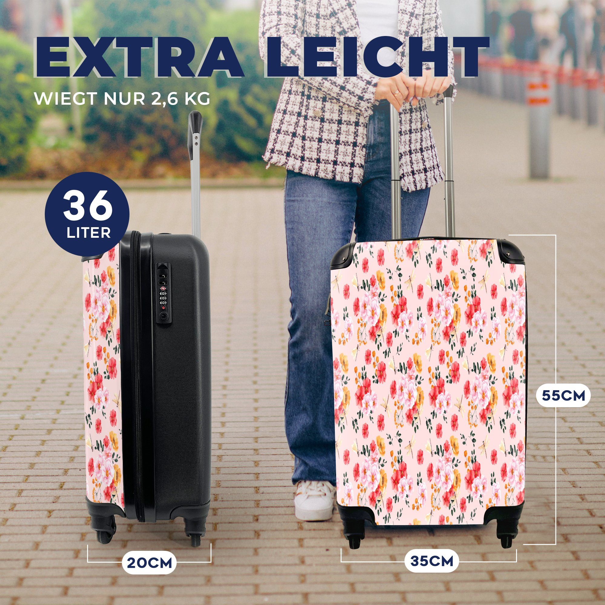 MuchoWow Handgepäckkoffer Blumen Muster, mit Rollen, Reisekoffer 4 - für - Handgepäck Reisetasche Trolley, Rosa Ferien, rollen