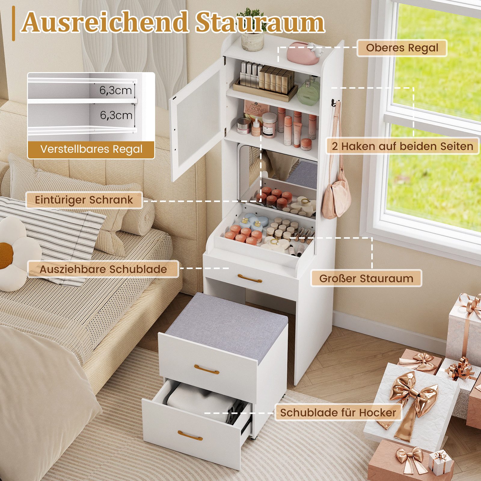 COSTWAY Schminktisch (1-St), Frisiertisch Set, mit Klappspiegel, Aufbewahru günstig online kaufen