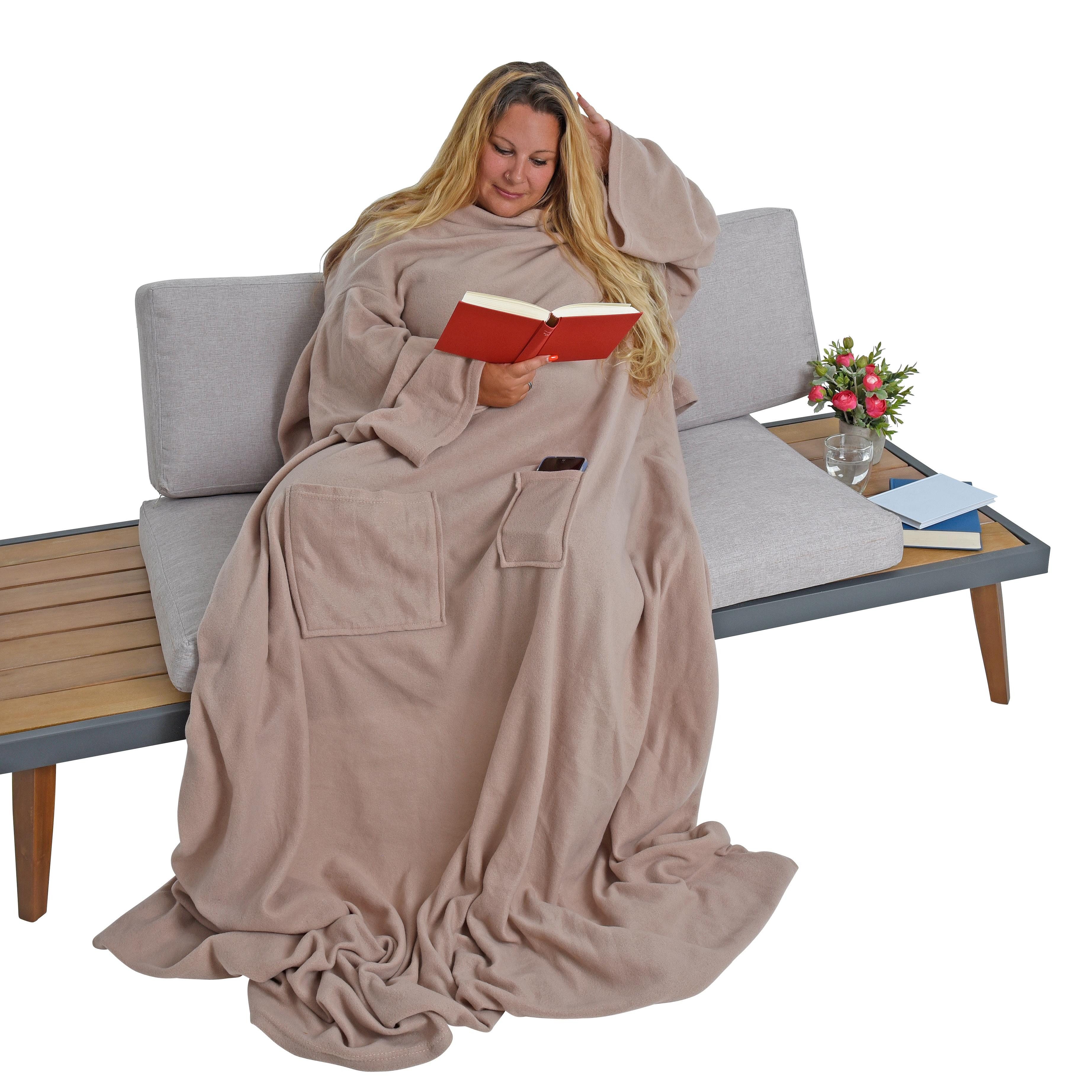 ESTEXO Tagesdecke Ärmeldecke Kuscheldecke XXL TV-Decke Wohndecke und Fuß- + Handytasch