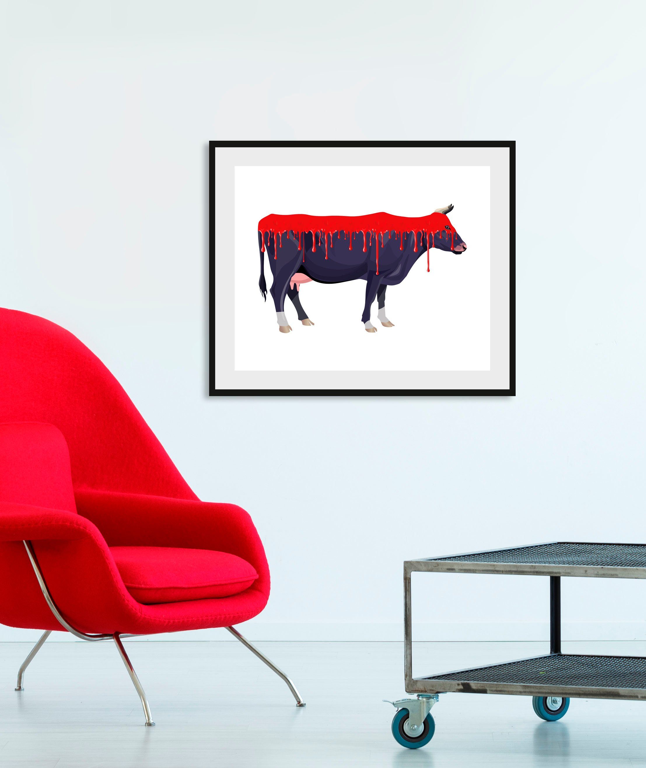 queence Bild Bloody Cow, Kuh, Kuhbilder, Kunst, Kühe (1 St), HD Premium Poster-Druck inkl. Holzrahmen