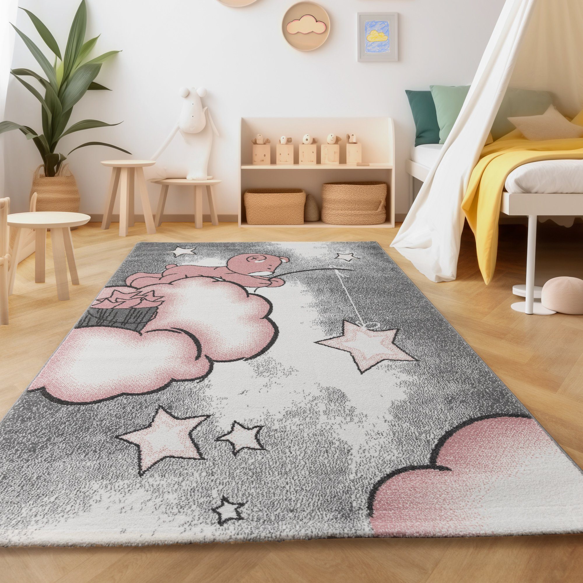 Teppich Bär Design, SIMPEX24, Läufer, Höhe: 11 mm, Kinderteppich Bär-Design Rosa Baby Teppich Kinderzimmer Pflegeleicht