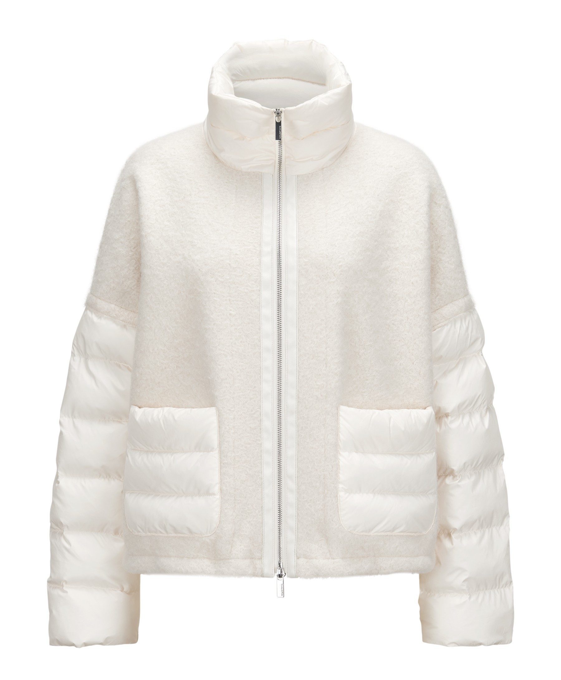 Milestone Wolljacke MSMomo Cape-Form mit Walk-Optik, Nylon-Steppdetails und veganer Fake-Daune
