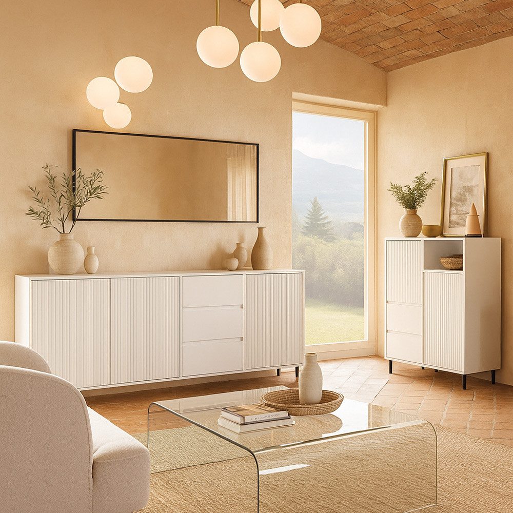 Lomadox Wohnzimmer-Set AMELIA-129, (Mega-Spar-Set, 2-St., Highboard Sideboard), Sideboard Highboard weiß Rillen