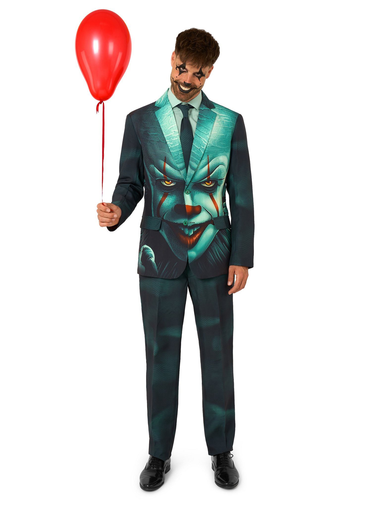 Opposuits Partyanzug IT Pennywise Anzug Horror Halloween Kostüm Herren, Giftig-grüner Anzug mit dem Konterfei des Killerclowns