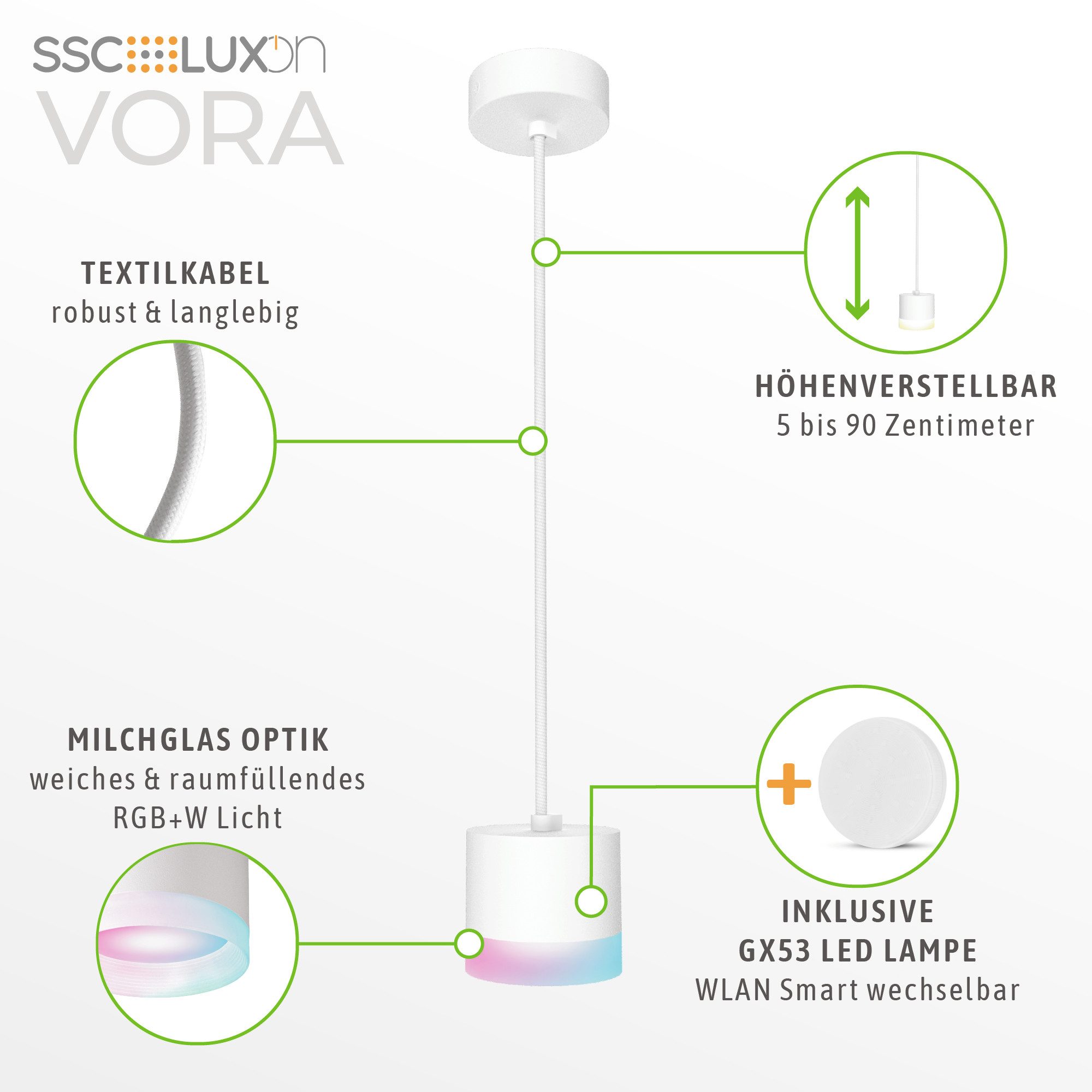 SSC-LUXon LED-Hängeleuchte VORA Design Deckenleuchte weiß mit GX53 LED Smart Home WiFi, Smart