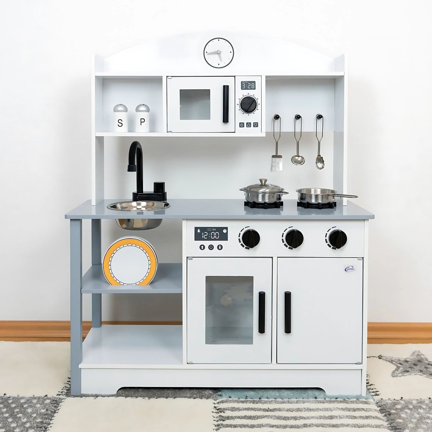 Coemo Spielküche ELLA Holz, Grau Kinderküche Holz Mikrowelle Herd Spülbecke günstig online kaufen