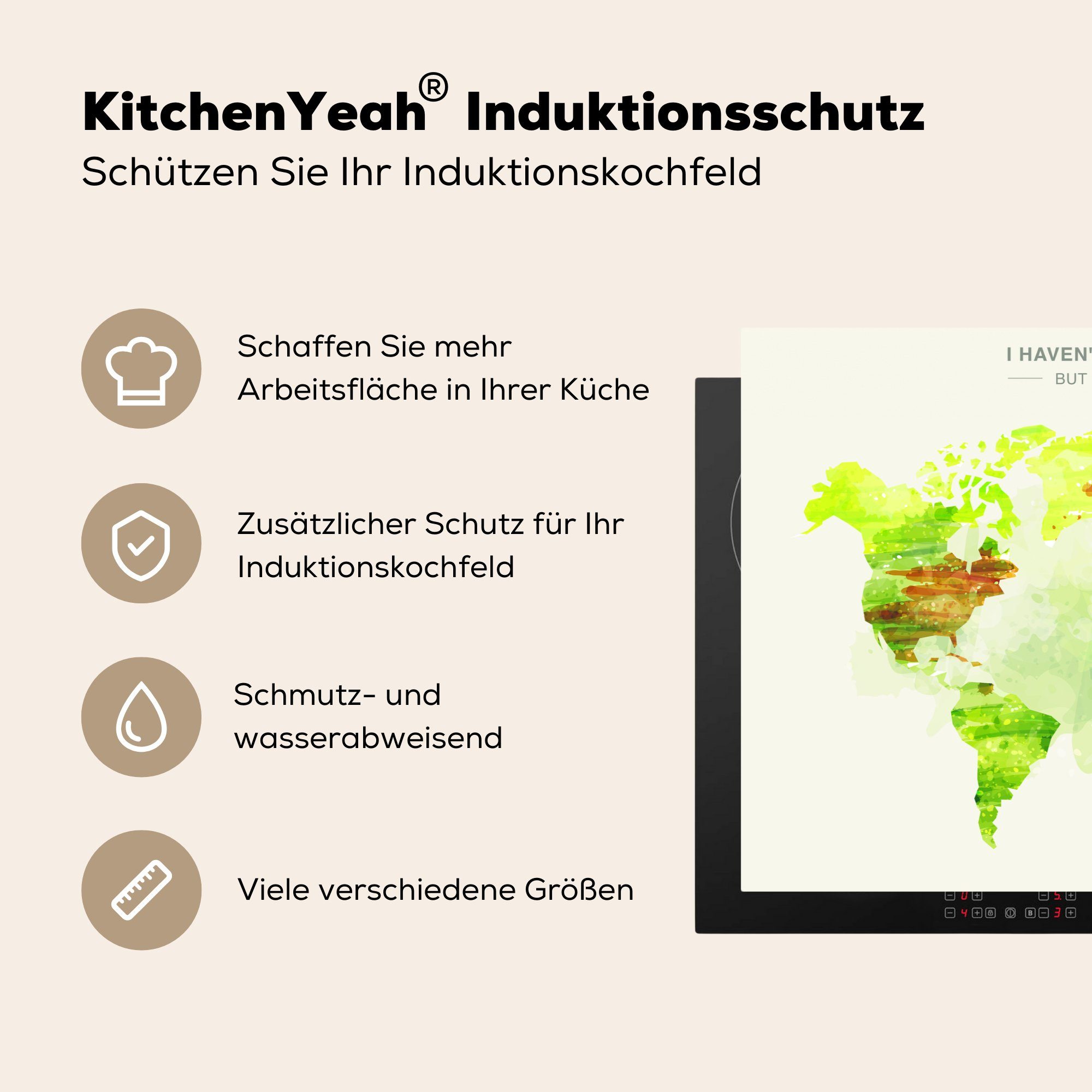 Induktionskochfeld küche, Weltkarte cm, die 81x52 Herdblende-/Abdeckplatte Ceranfeldabdeckung Vinyl, - für MuchoWow Schutz Farben Farbe, (1 tlg), -