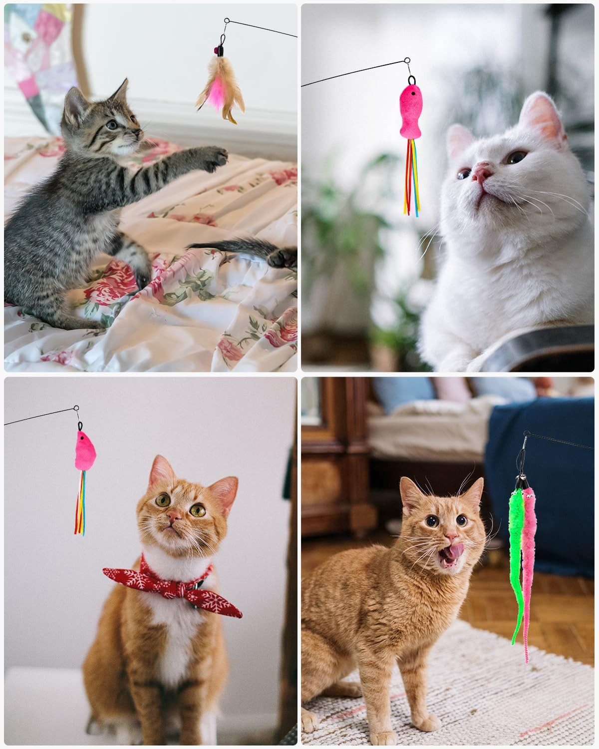 SinLaw Tier-Intelligenzspielzeug Gefiederte Katzenspielzeuge, 2 ausziehbare interaktive Angelruten, Set (16-tlg) Inklusive 2 Katzenstäben,2 Saugnäpfen und 12 Spielzeugen mit Glöckchen