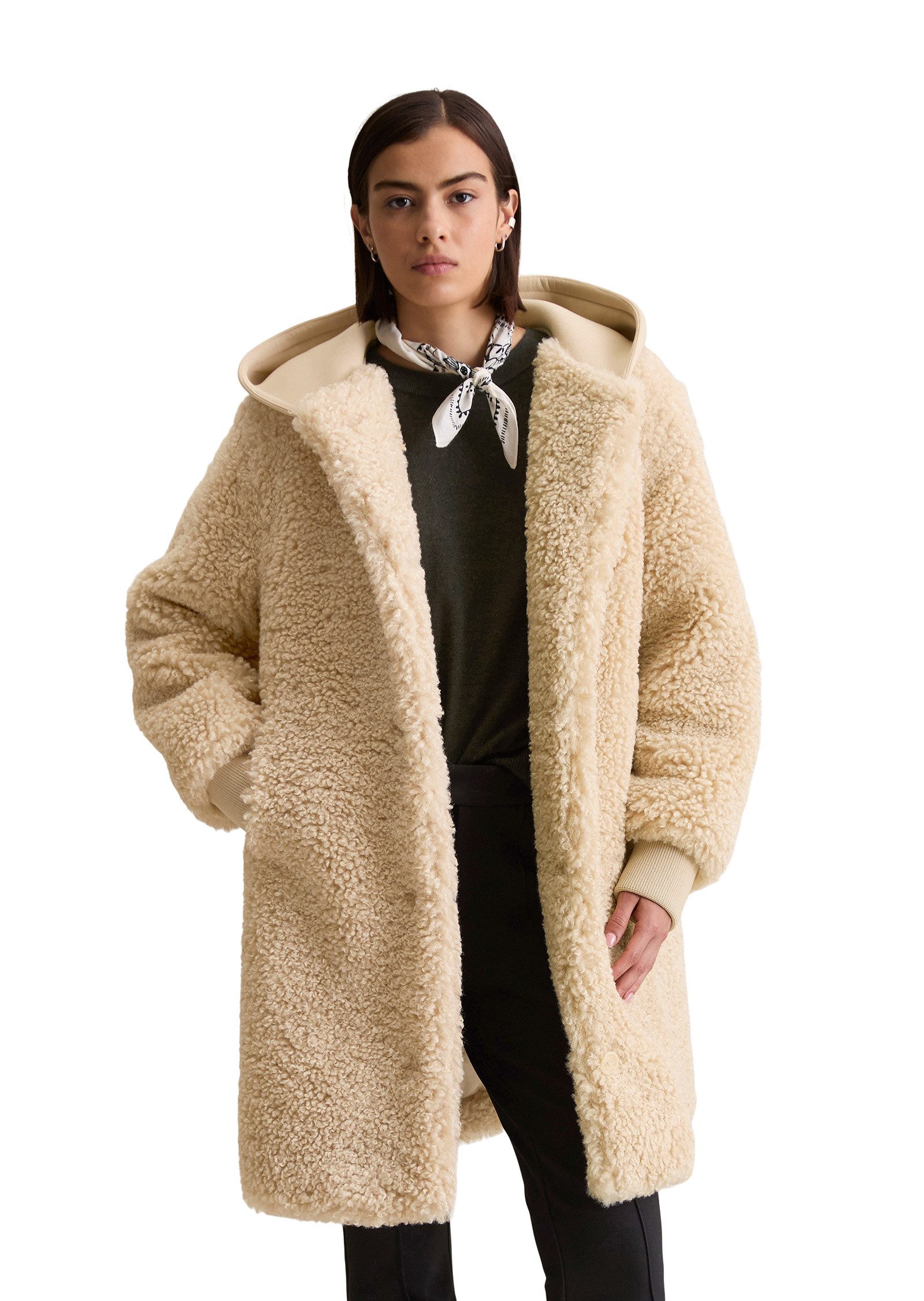 Marc O'Polo DENIM Fellimitatmantel mit Scuba-Jersey-Kapuze