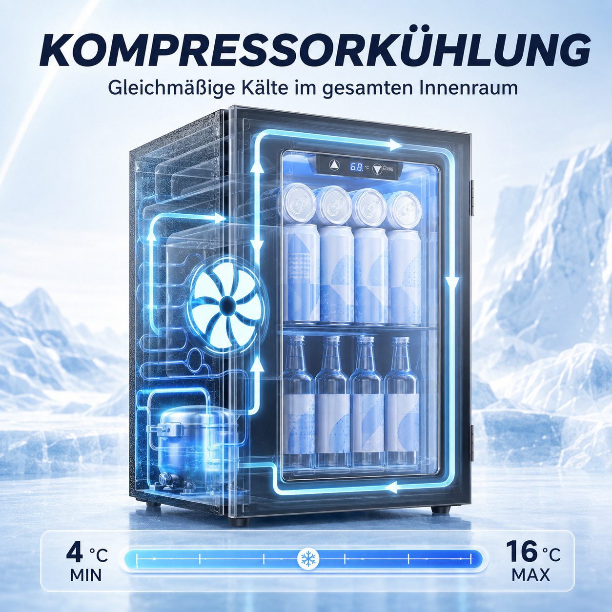 Furnicopia Getränkekühlschrank 18L,leise, 24 Dosen/6 Flaschen, verstellbares Regal, Digital-Display, Energieklasse E JC-18UEL-F, Kompressor, Doppelglas, LED, we – Bild 5 von 5