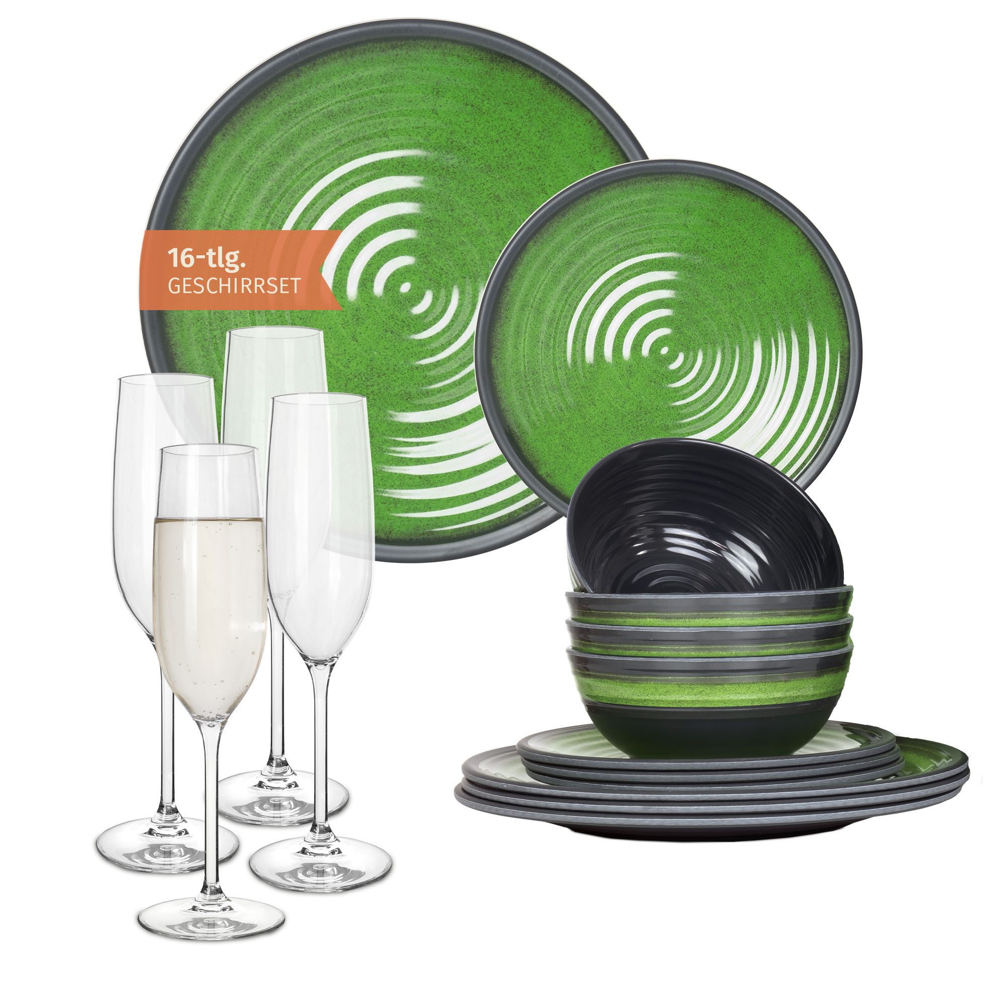 Moritz Geschirr-Set Camping Geschirr Stone Green + Tiamo Champagnergläser