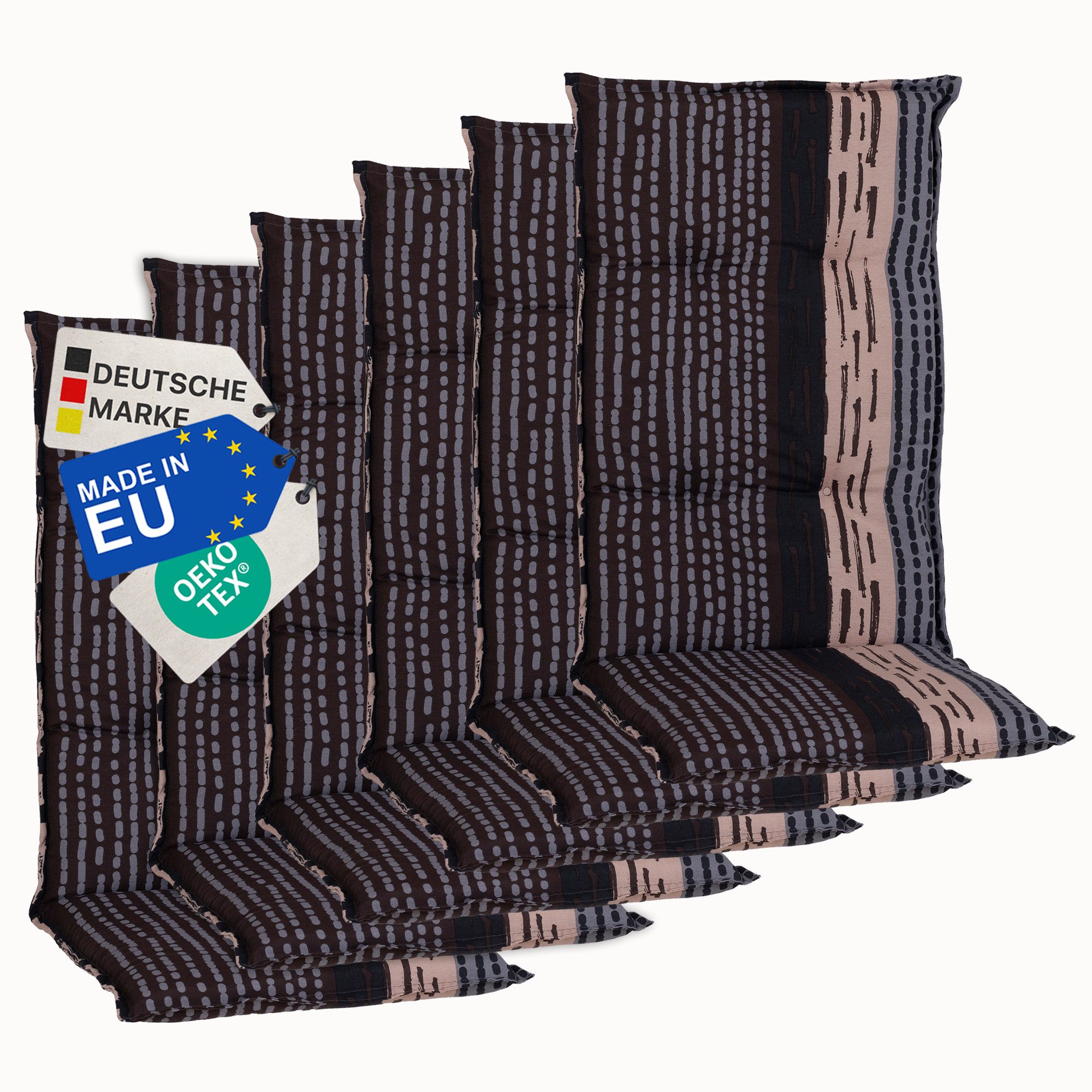NYVI Hochlehnerauflage Hochlehner Auflagen 6er Set Barcelona - Gartenstuhlauflagen 118x50cm, (6 St), Stuhlauflage, Sitzauflage mit Halteband, UV-fest
