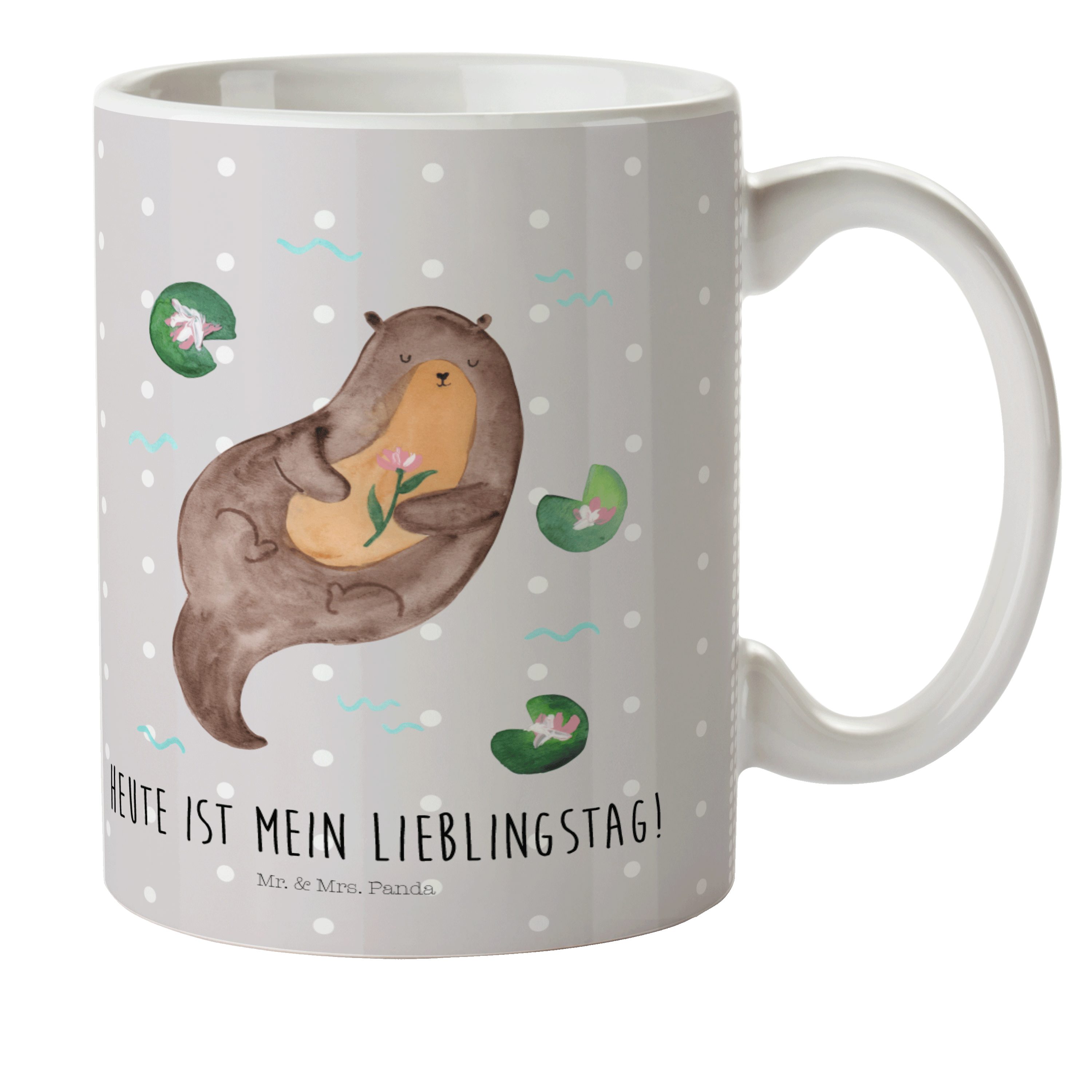 Mr. & Mrs. Panda Kinderbecher Otter mit Seerose - Grau Pastell - Geschenk, Reisetasse, Seeotter, Tr, Kunststoff
