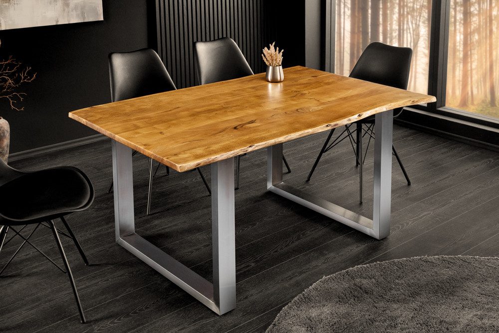 riess-ambiente Baumkantentisch MAMMUT 140cm braun/silber - Akazie, Edelstahl, Massivholz, U-Gestell (Einzelartikel, 1-St), Industrial Design & bis zu 6 Personen – ideal für Dein Loft-Esszimmer