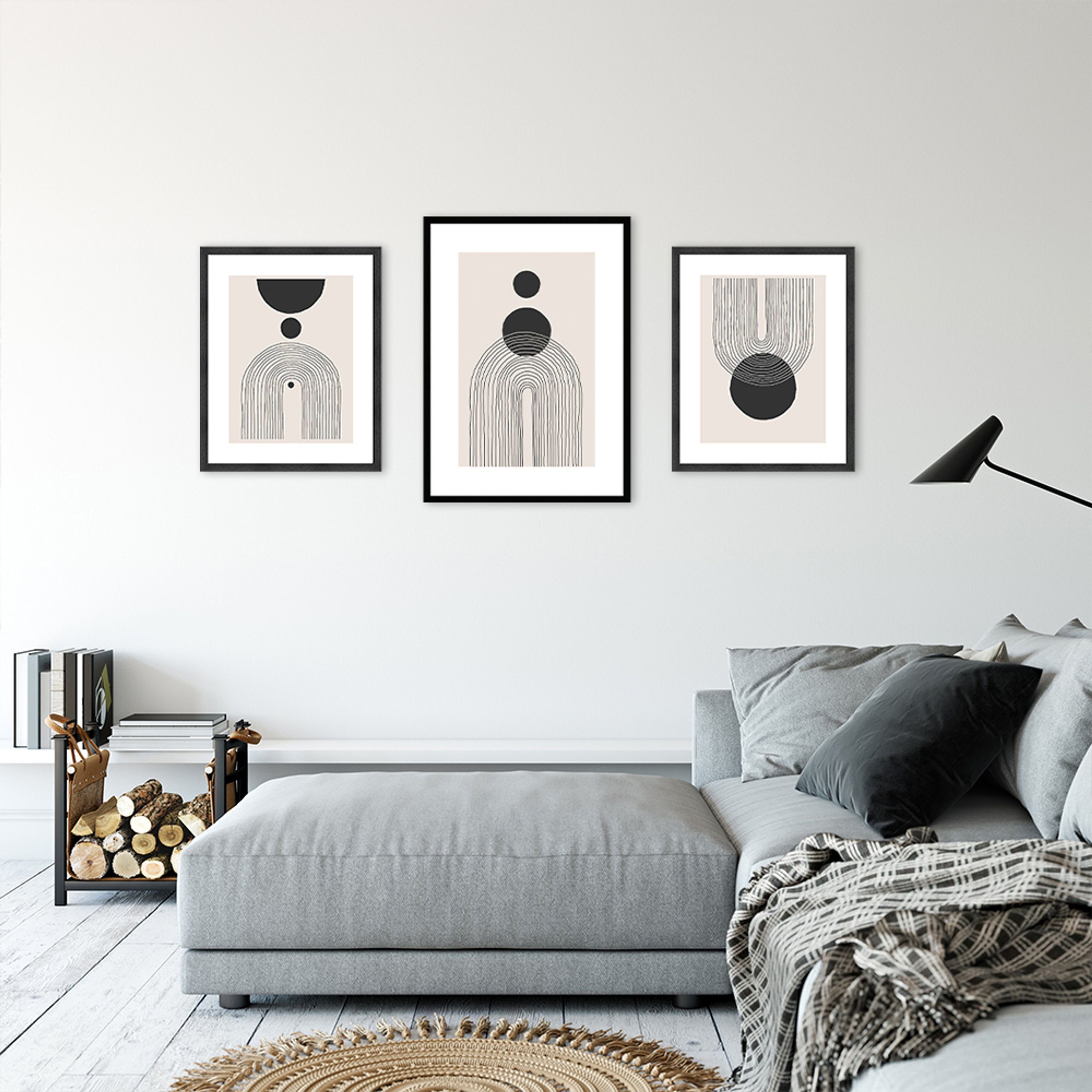 artissimo Bild mit Rahmen Gerahmtes Poster 50x70 cm / Wandbild modern / Wanddeko skandinavisch, Abstrakt & Grafik: Linien und Formen in Beige-Schwarz – Bild 3 von 4