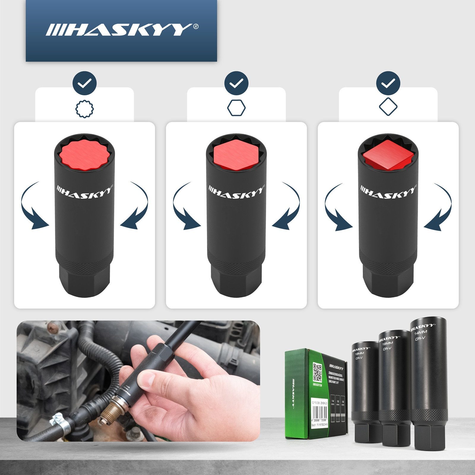 HASKYY Zündkerzennuss Zündkerzenschlüssel Magnetisch Kerzenschlüssel 3/8" 14 16 18 mm Zwölfk – Bild 4 von 5