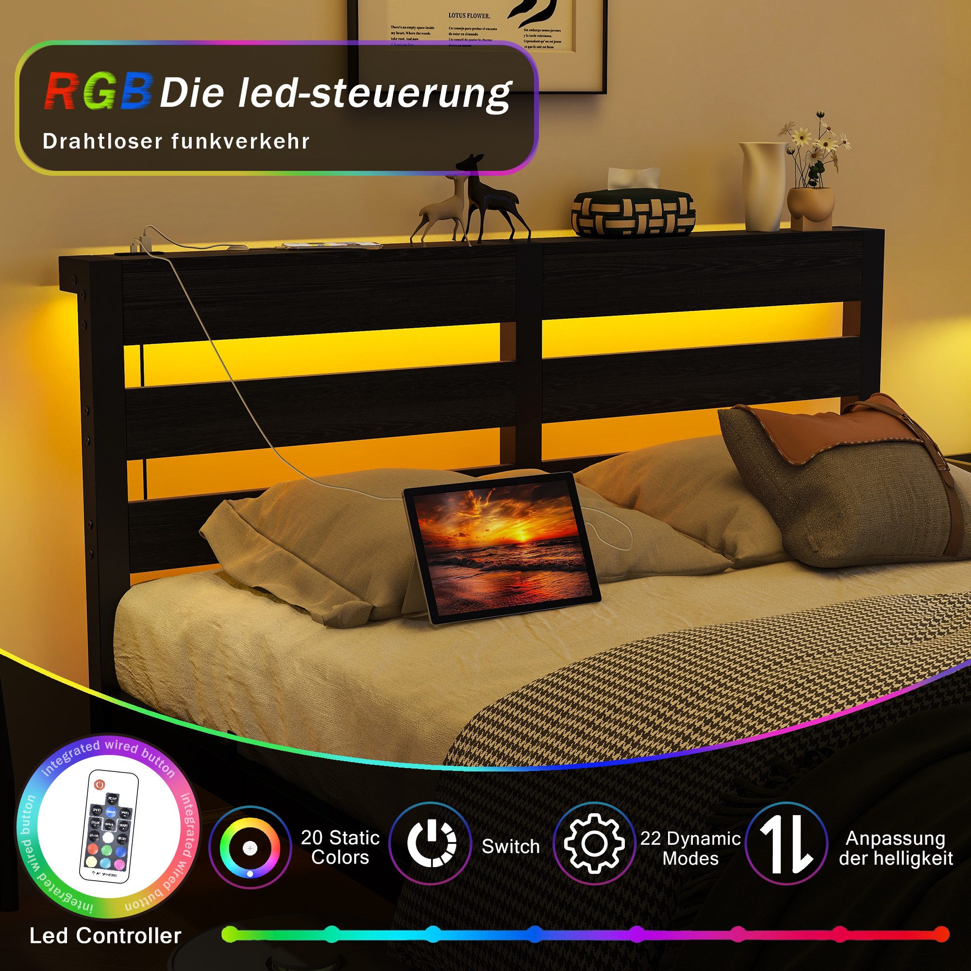 Odikalo Polsterbett Jugendbett Bettgestell (90x200 120x200 140x200 140x190 mit Bettgestell LED Beleuchtung, LED-Beleuchtung und USB-Ladestation, Metallbett mit aus Metall, Bettgestell ohne Matratze, Bettrahmen mit Stauraum unter dem Bett)