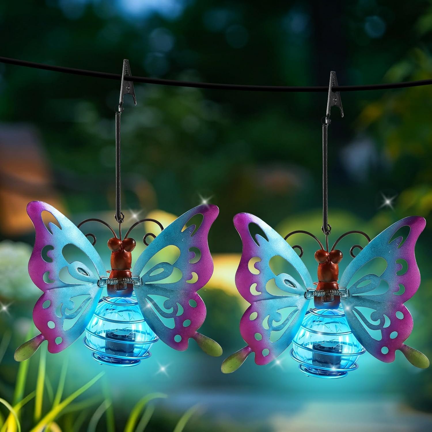 FELIXLEO LED Solarleuchte Solarlampe Außen Hängend 2 Stück Metall Schmetterling LED