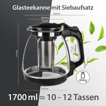 T24 Wasserkocher Glasteekanne mit Edelstahl Teesieb & Überhitzungsschutz, 1700 ml, 1700 ml