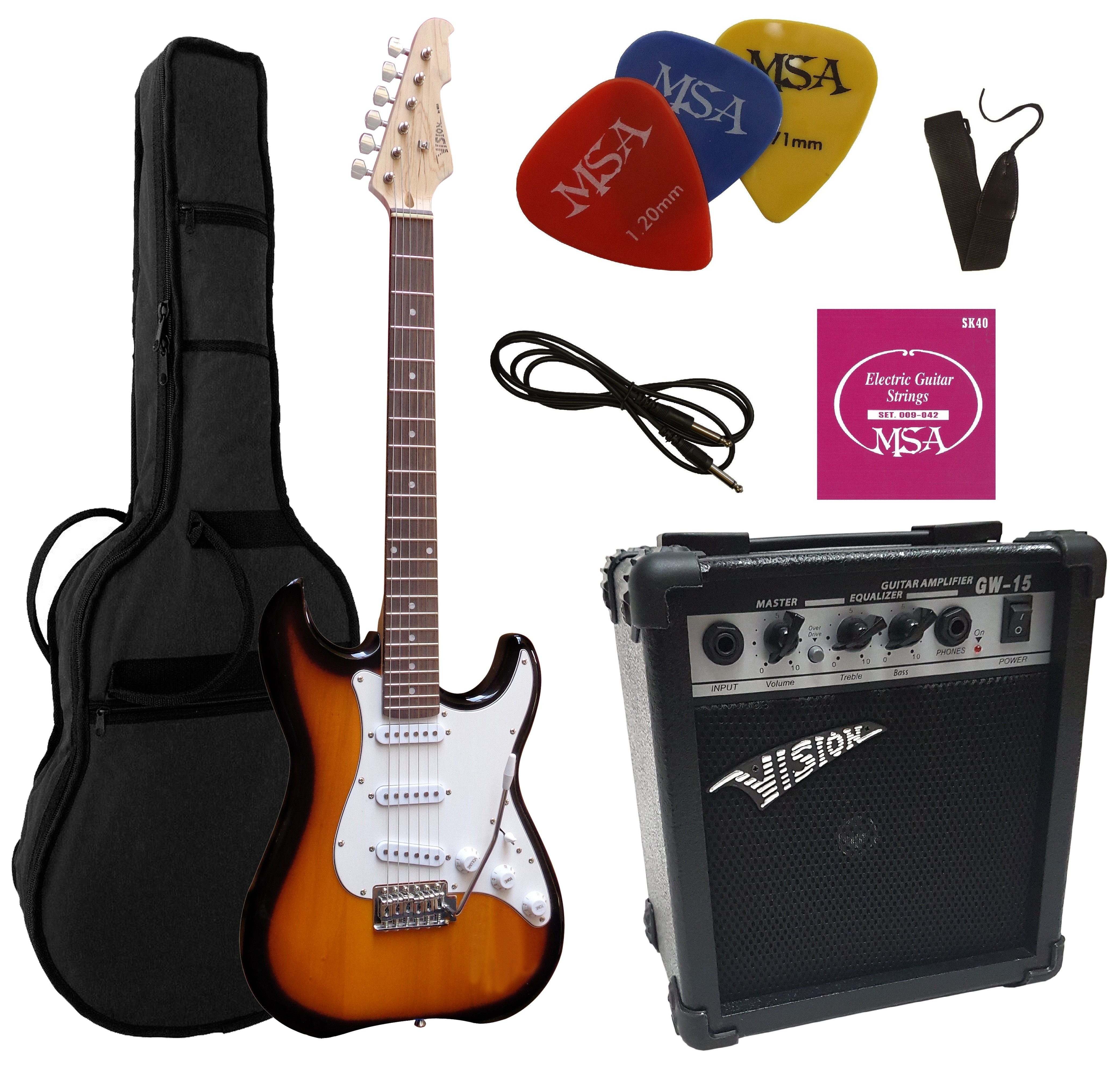 MSA E-Gitarre ST5, Elektrogitarre im Set, mit 20 Watt Verstärker, Tasche, Band,Saiten, 3xPik, Tremolo