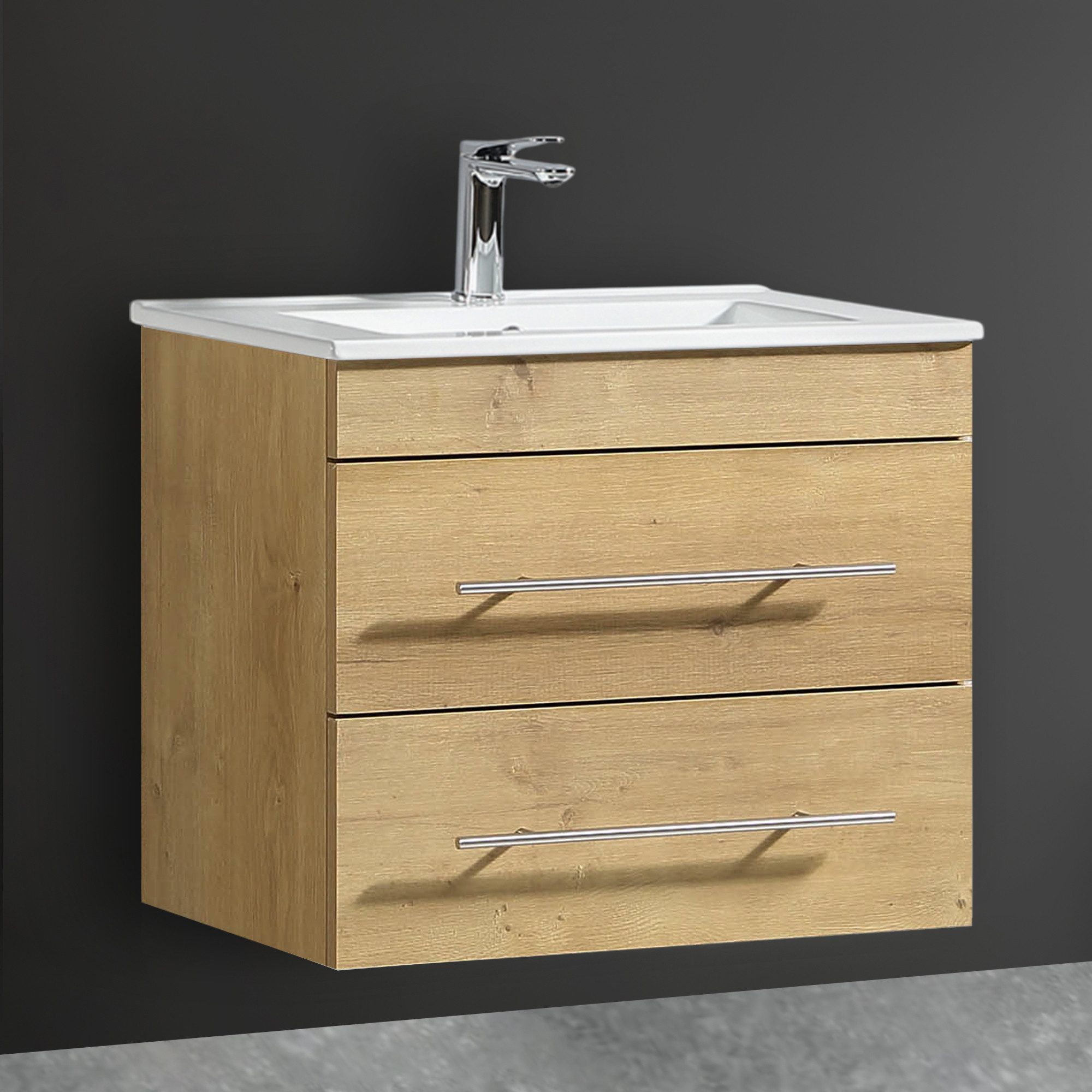 Alpenberger Badmöbel-Set Waschbecken mit Unterschrank - Waschbeckenunterschrank mit Schubladen, (Gästebadmöbel Set mit Waschbecken, Gäste WC Möbel Set), Waschtisch mit Unterschrank Eiche Natur 60 cm