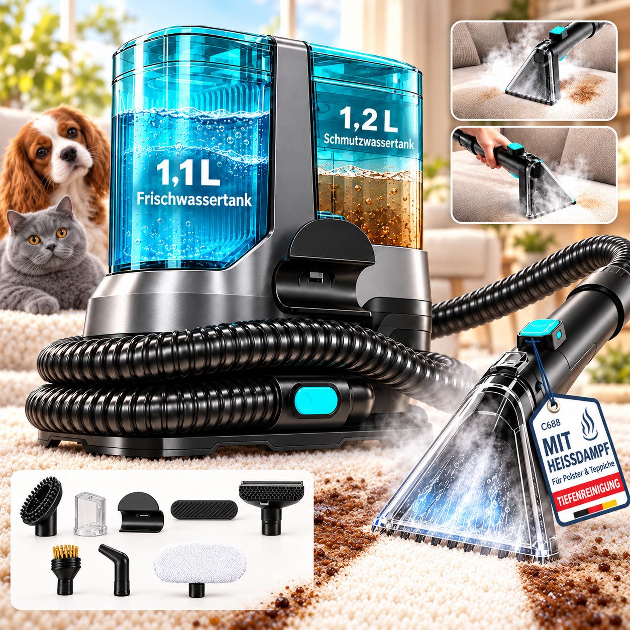 VacniQ Teppichreinigungsgerät 25Kpa Waschsauger, 4-in-1 Teppichreiniger, 1800W Nasssauger, 1800 W, 1,2 L+ 1,1 L – getrennte Wassertankkonstruktion, Polsterreiniger Gerät,Heiz-und-Sterilisationsfunktion mit LED-Anzeige