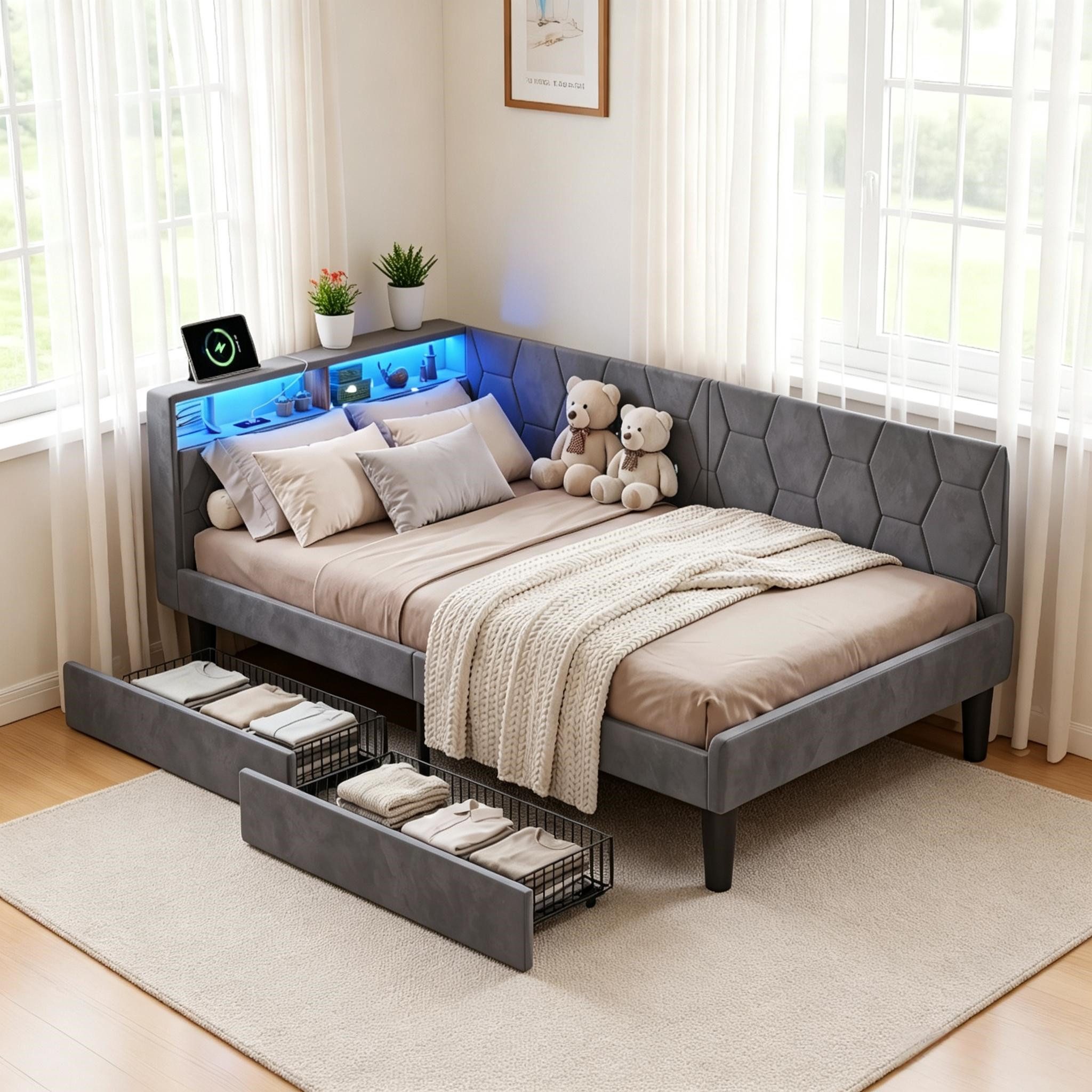 Simurq Einzelbett Gepolstertes Bett 90x200 Samt, Bettsofa, Lattenrost, Stauraum‑Kopfteil