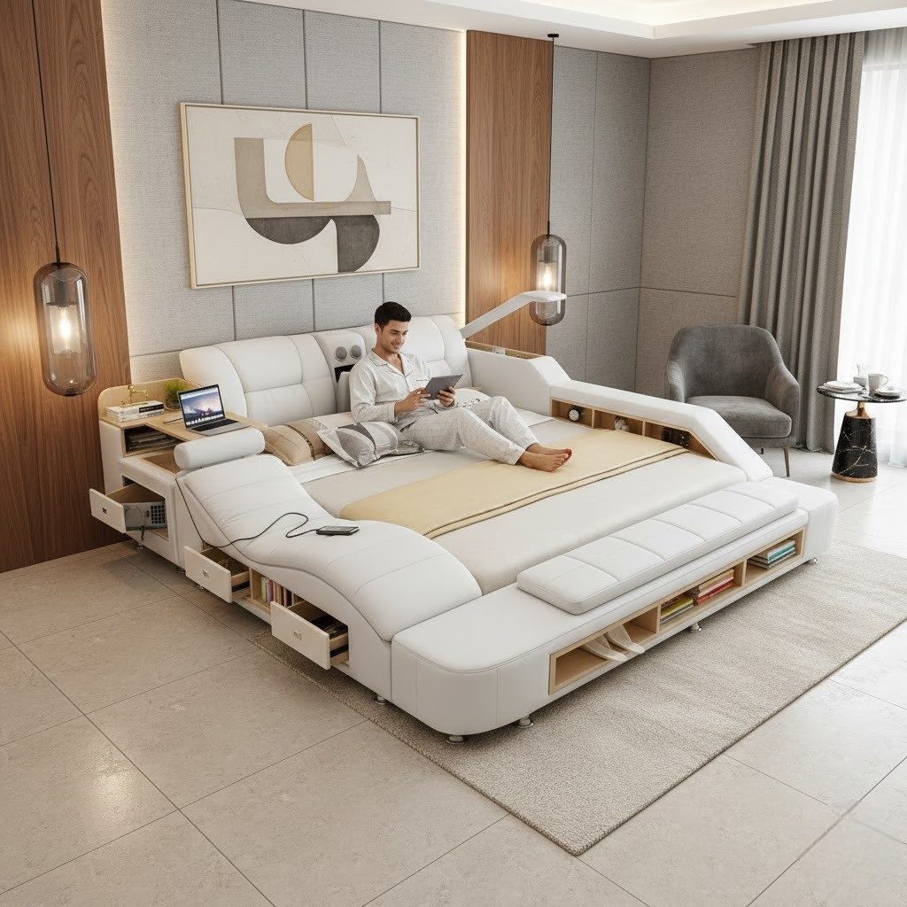 JVmoebel Multimediabett Weißes Multimedia Kunstlede Bbett – Modern & Elegant Sofort (1-tlg), Made in Europa