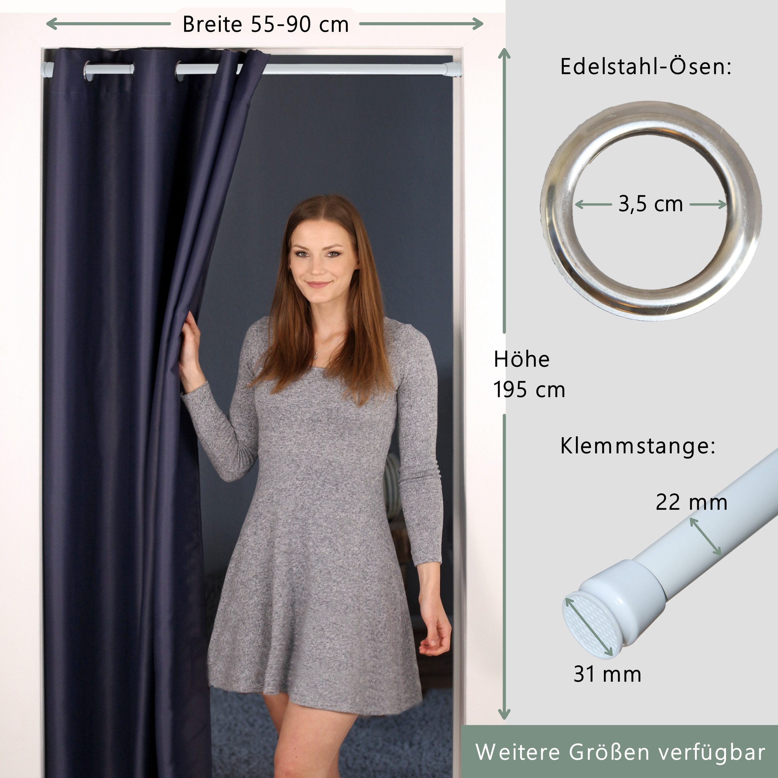 tinycurtains Türvorhang mit Stange weiß 55-90 cm ohne Bohren, Thermo Vorhang Tür, Ösen, abdunkelnd, Polyester, dunkelblau Ocean, Türgardine mit Klemmstange Raumtrenner verdunkelnd