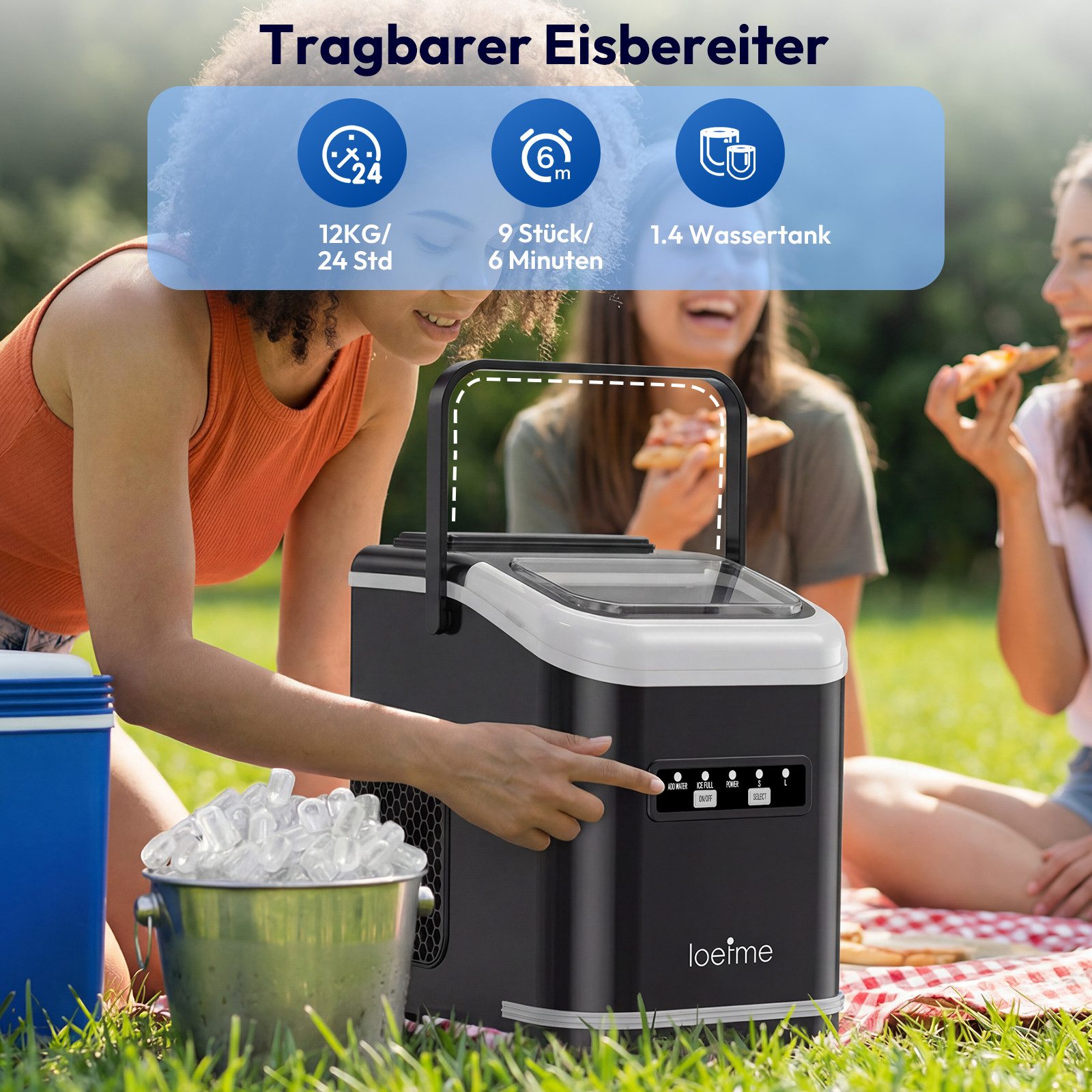 loefme Eiswürfelmaschine Tragbarer, 12kg/24h, 9 Würfel in 6 Min, mit Selbstreinigung, 2 Eisgrößen, Leiser Eiswürfelbereiter mit Tragegriff, 1,4L Tank – Bild 2 von 5