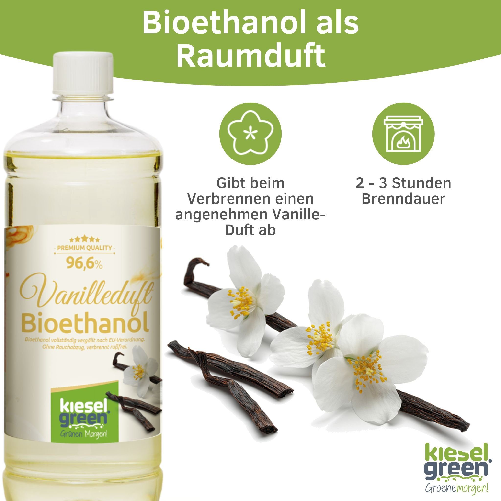 Vanille 1 Ethanol-Kamin Flasche mit Liter KieselGreen Bioethanol KieselGreen für Bioethanol Duft