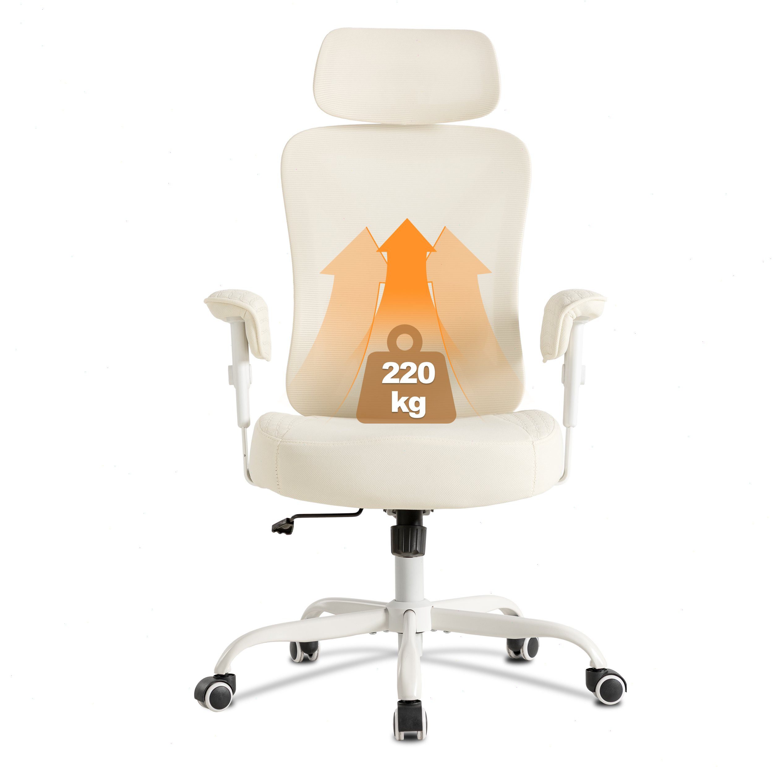 UEV Bürostuhl Ergonomisch bis 220kg belastbar (Wippfunktion,Schreibtischstuhl mit Armlehnen/Kopfstütze höhenverstellbarer Arbeitsstuhl, Drehstuhl mit Netzbespannung, atmungsaktiv Mesh Stoff), verdicke Sitzkissen Höhenverstellbar, 360°Drehung