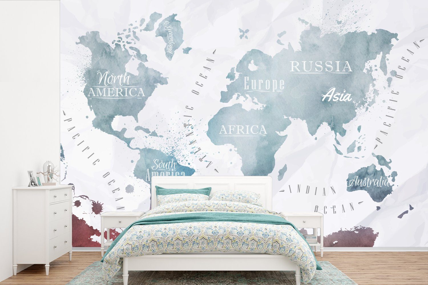 MuchoWow Fototapete Weltkarte - Farbe - Topographie, Matt, bedruckt, (6 St), Wallpaper für Wohnzimmer, Schlafzimmer, Kinderzimmer, Vinyl Tapete