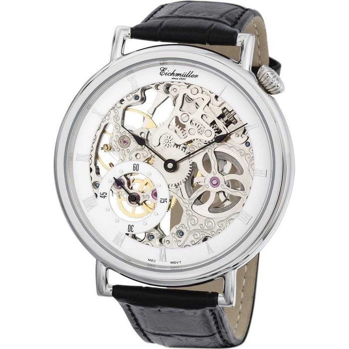 Eichmüller Mechanische Uhr 8218-04 Skelettuhr Handaufzug Lederband schwarz 50 mm NF10353