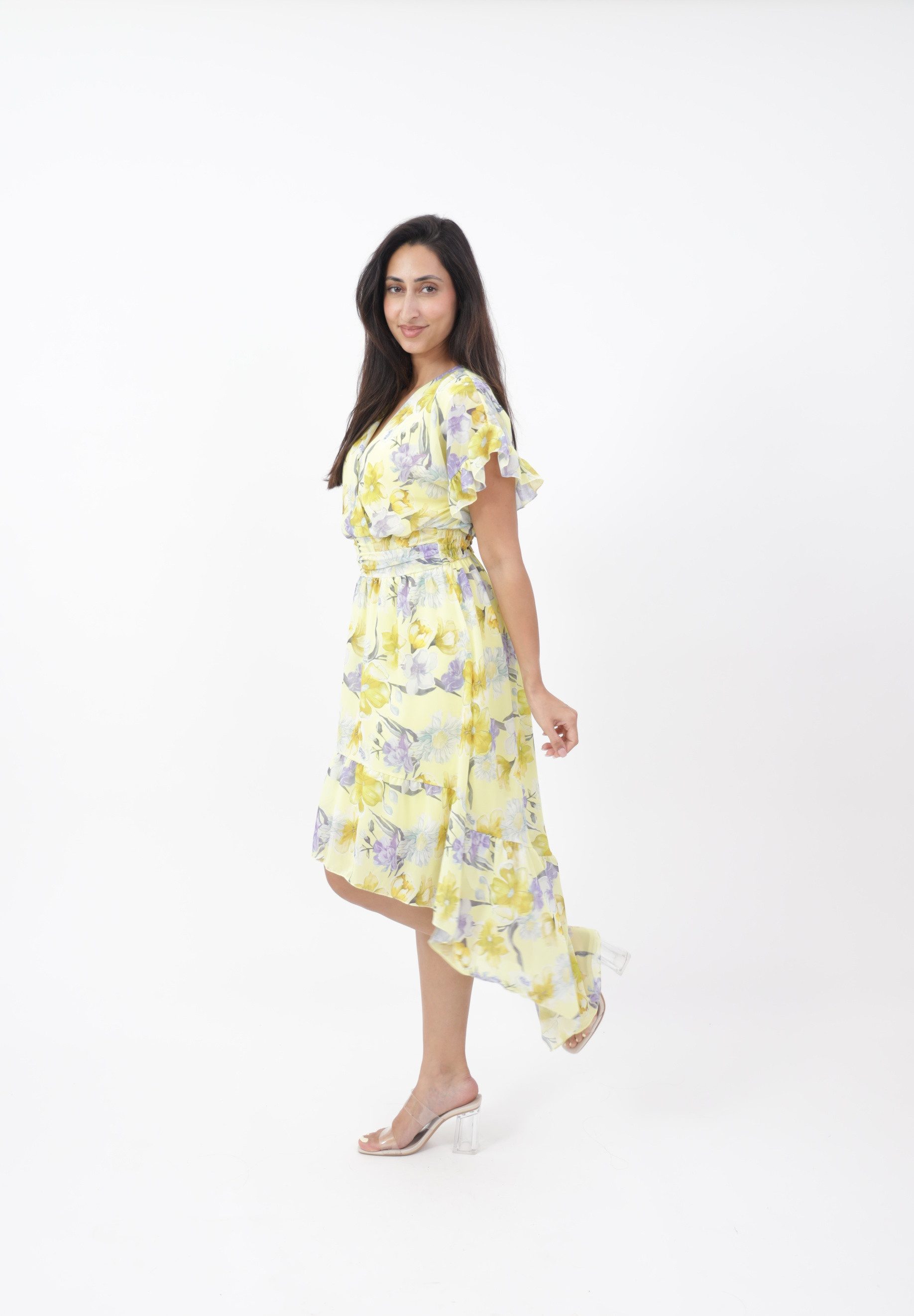 Elara Sommerkleid Damen Vokuhila Kleid – Chiffon Sommerkleid mit Floral Blumenmuster mit Muster