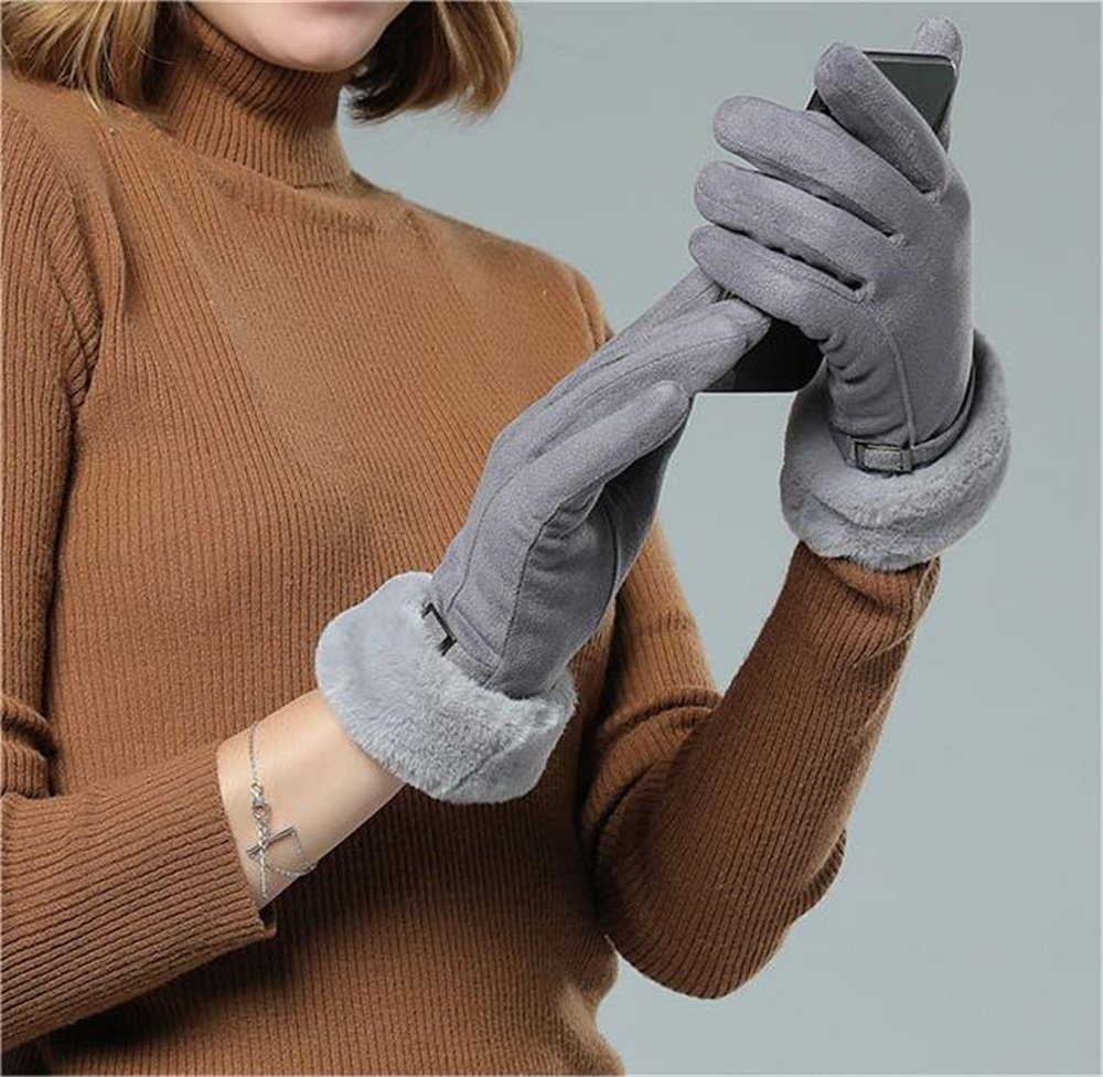 Damen-Mode-Handschuhe, Plüsch-Wildleder-Handschuhe warme Lederhandschuhe Schwarz Rouemi