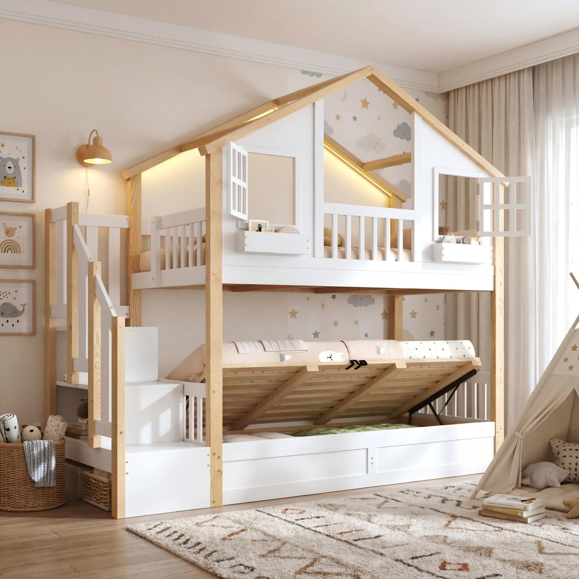 REDOM Etagenbett Mit hydraulischem Unterbett, LED & Stauraumtreppe (Packung, 1-St., 90x200+90x200 cm, Weiß/Natur, Massivholz), Hausbett in Fenster-Form, Hochbett für Kinder(ohne Matratze)