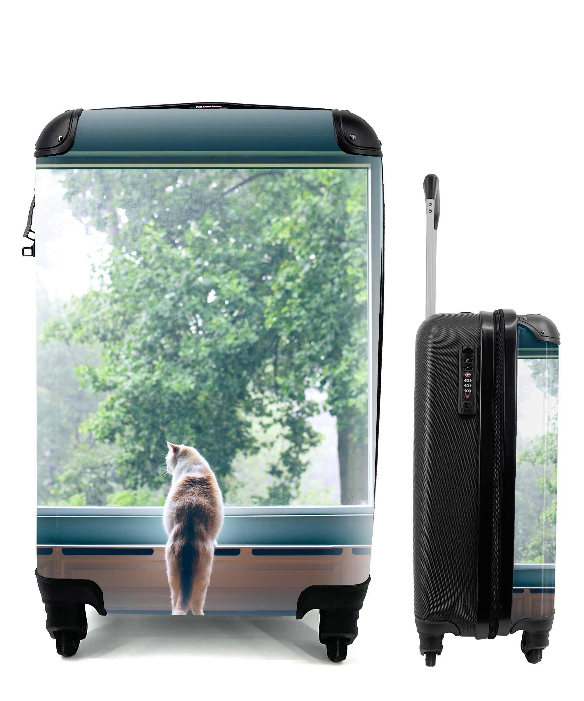 MuchoWow Handgepäckkoffer Katze - Fenster - Pflanzen, 4 Rollen, Reisetasche mit rollen, Handgepäck für Ferien, Trolley, Reisekoffer