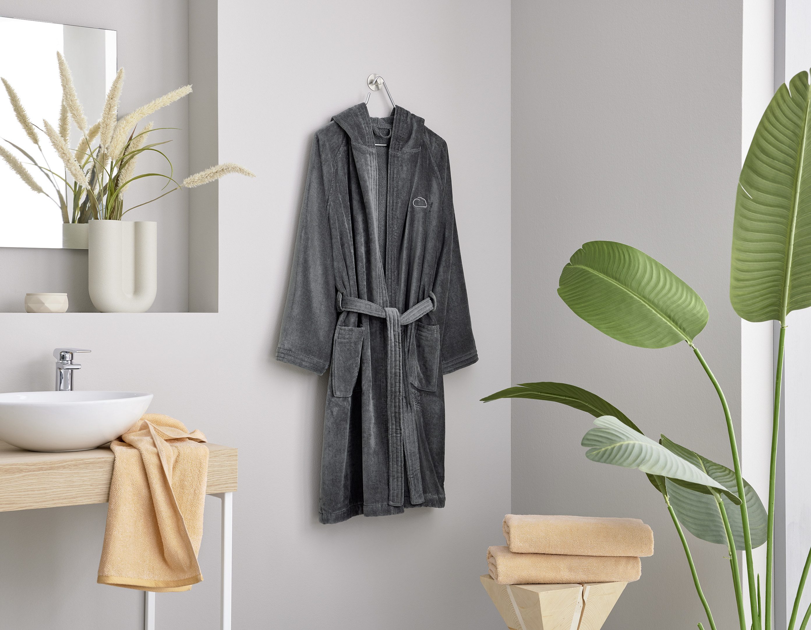 Kleine Wolke Unisex-Bademantel Chill, ideal für Sauna & Spa, Hotelbademantel, Morgenmantel, Midilänge, Baumwolle, Kapuze, Gürtel, für Damen & Herren, Uni Farben, zwei Taschen, S/M, L/XL