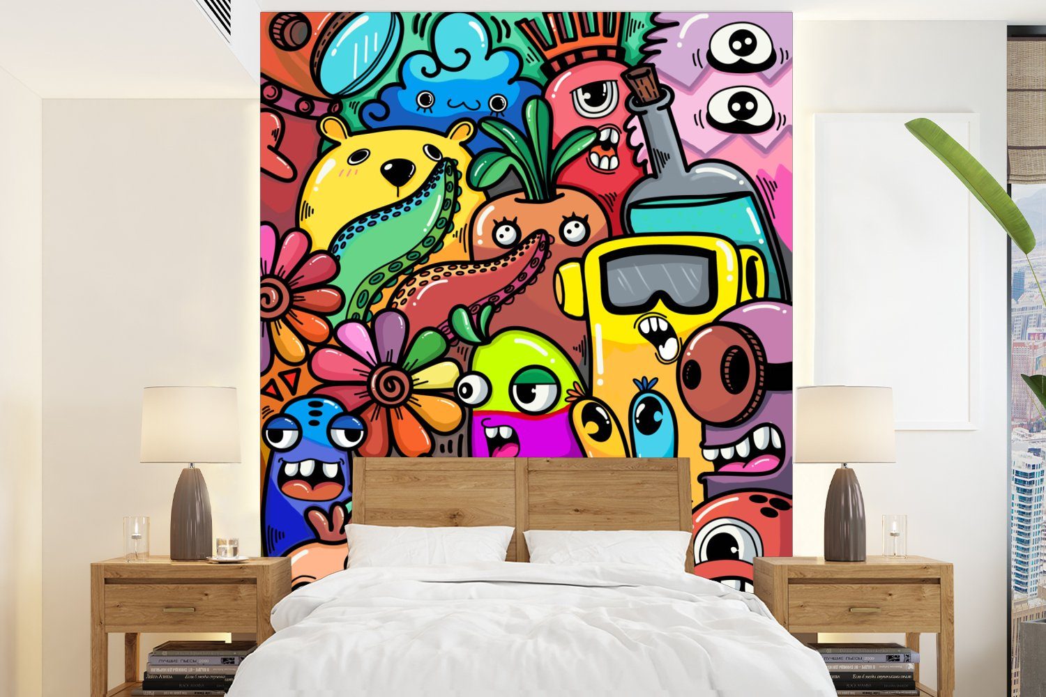 MuchoWow Fototapete Monster - Muster - Gemüse - Blumen - Regenbogen - Kinder, Matt, bedruckt, (4 St), Montagefertig Vinyl Tapete für Wohnzimmer, Wandtapete